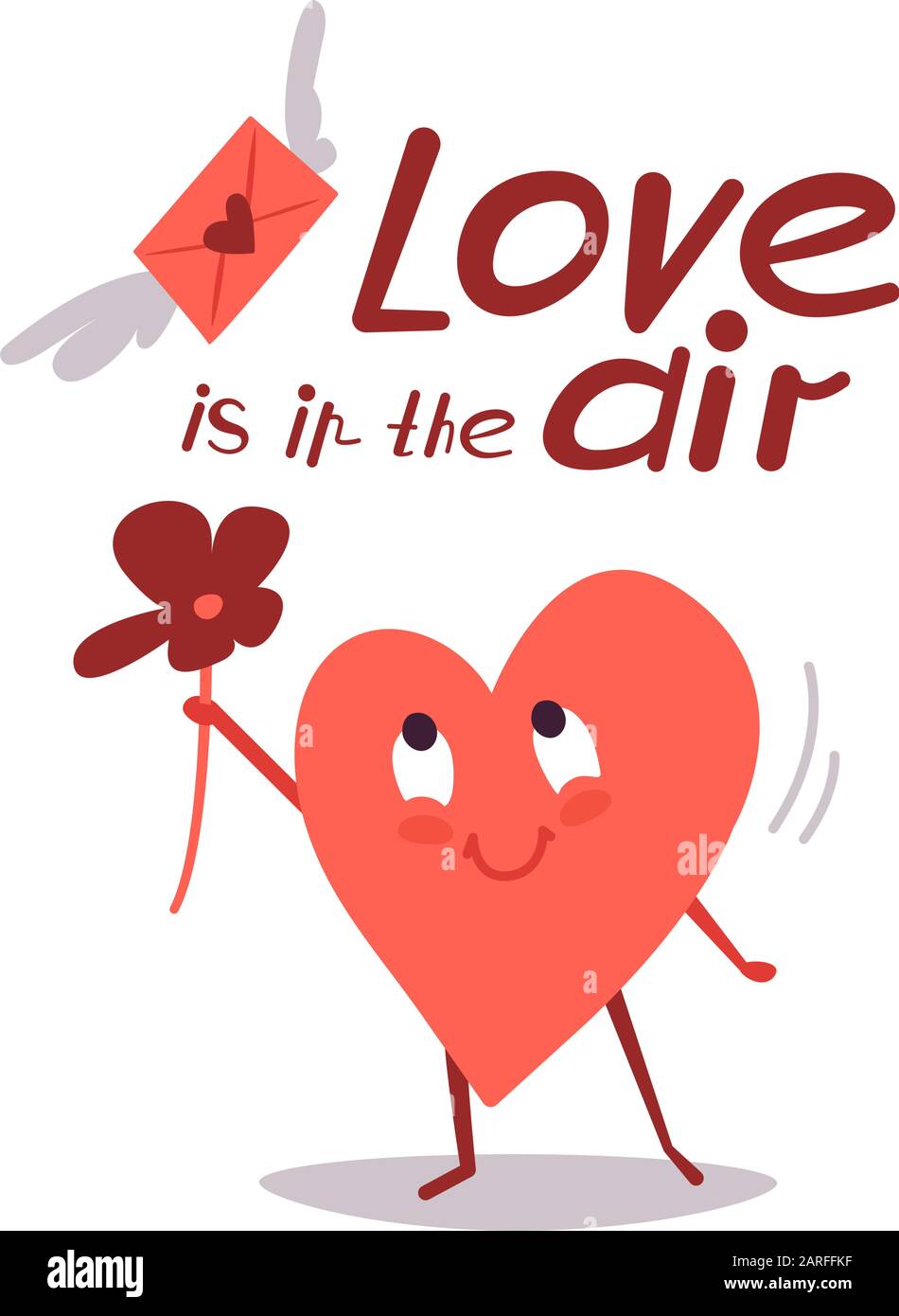Simpatica illustrazione vettoriale isolata su bianco. Felice cuore sorridente con un fiore. Lettera d'amore in una busta volante. Lettere moderne. L'amore è nell'aria Illustrazione Vettoriale