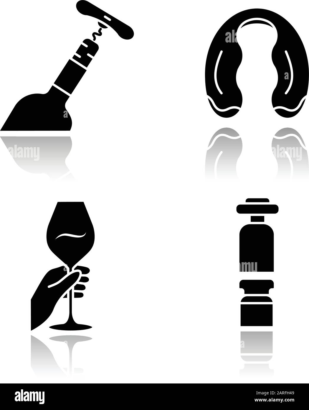 Set di icone nere glyph ombra drop servizio cantina e vino. Bicchiere di cocktail. Bottiglia con cavatappi. Decanter, taglialegna. Barman, resta Illustrazione Vettoriale