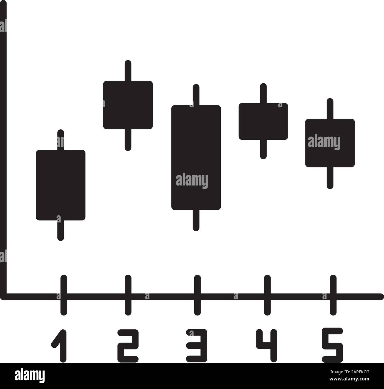 Icona glifo grafico candlestick. Grafico del grafico a caselle. Diagramma aziendale. Rapporto finanziario. Ricerca economica. Infochart marketing. Simbolo di silhouette. Negativo Illustrazione Vettoriale