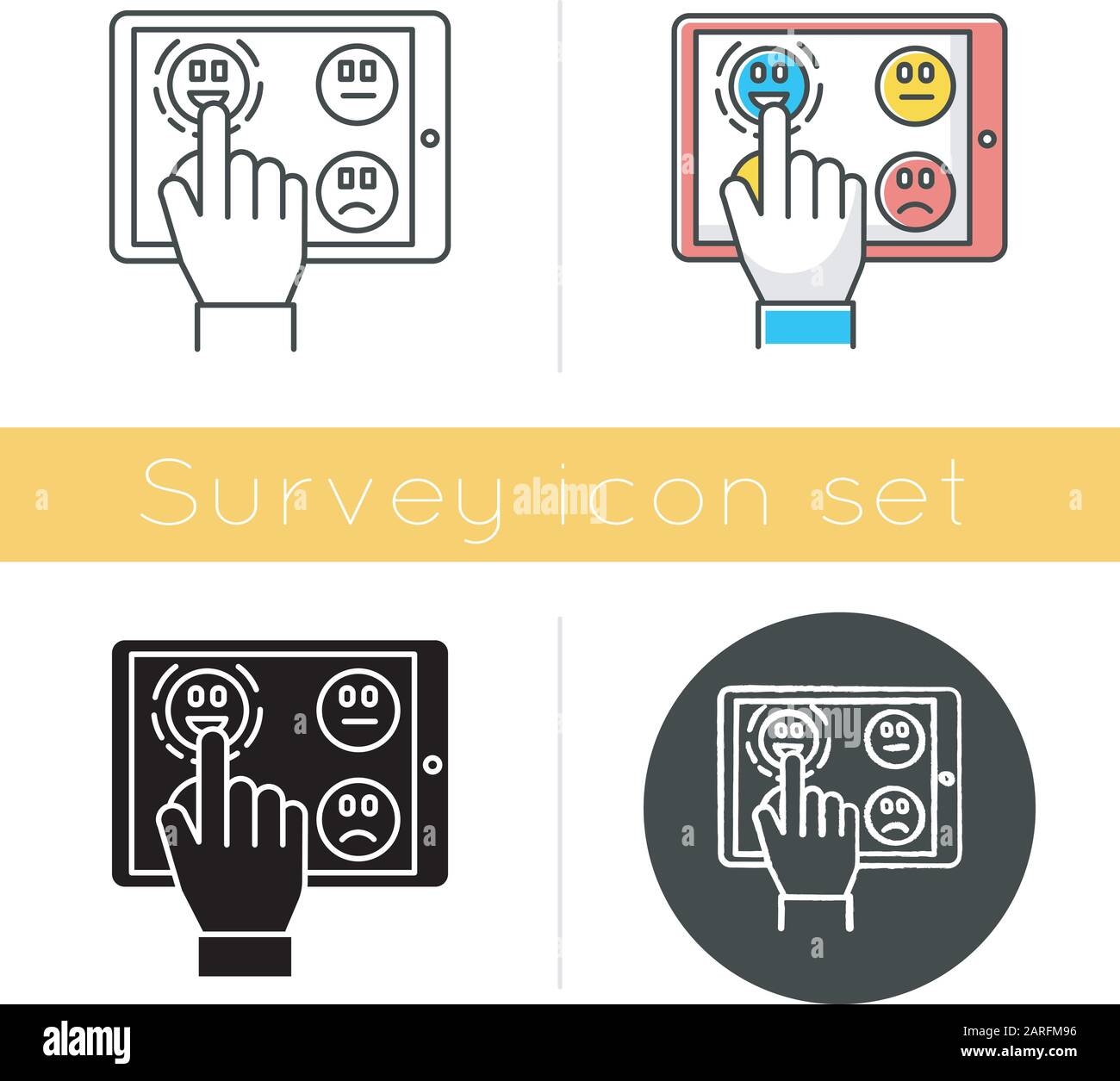 Icona sondaggio online. Condividi il feedback. Emoticon per il prelievo a mano sul display del tablet. Sondaggio anonimo. Livello di soddisfazione del cliente. Design piatto, lineare e a colo Illustrazione Vettoriale