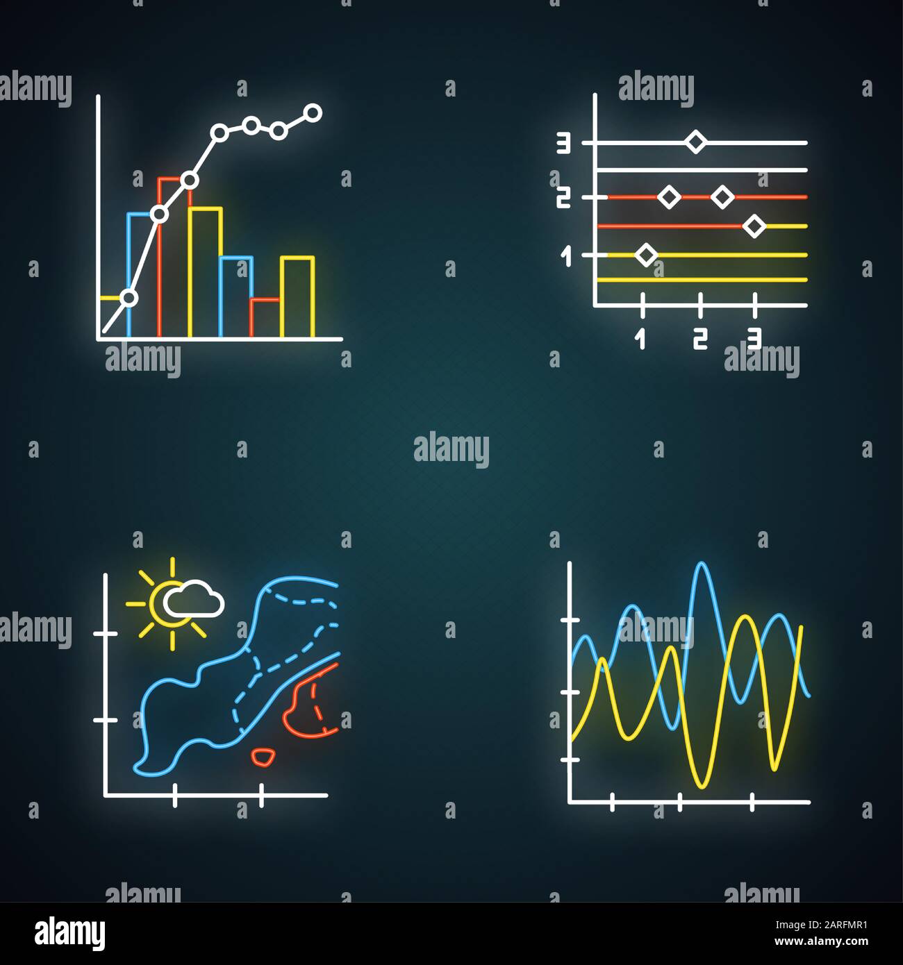 Set di icone di luci al neon cartografiche e grafiche. Mappa della temperatura. Grafico punto e figura. Presentazione dell'attività sismica. Grafico misto. Curva di vibrazione. Incandescente si Illustrazione Vettoriale