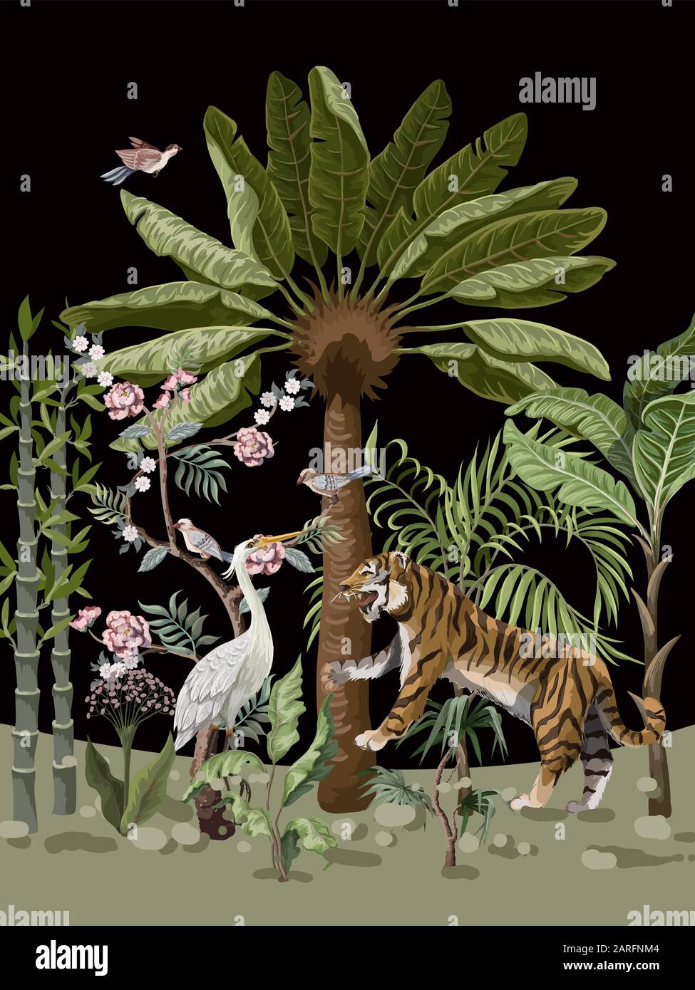 Modello in stile chinoiserie con tigre, aironi e alberi giungla. Illustrazione Vettoriale