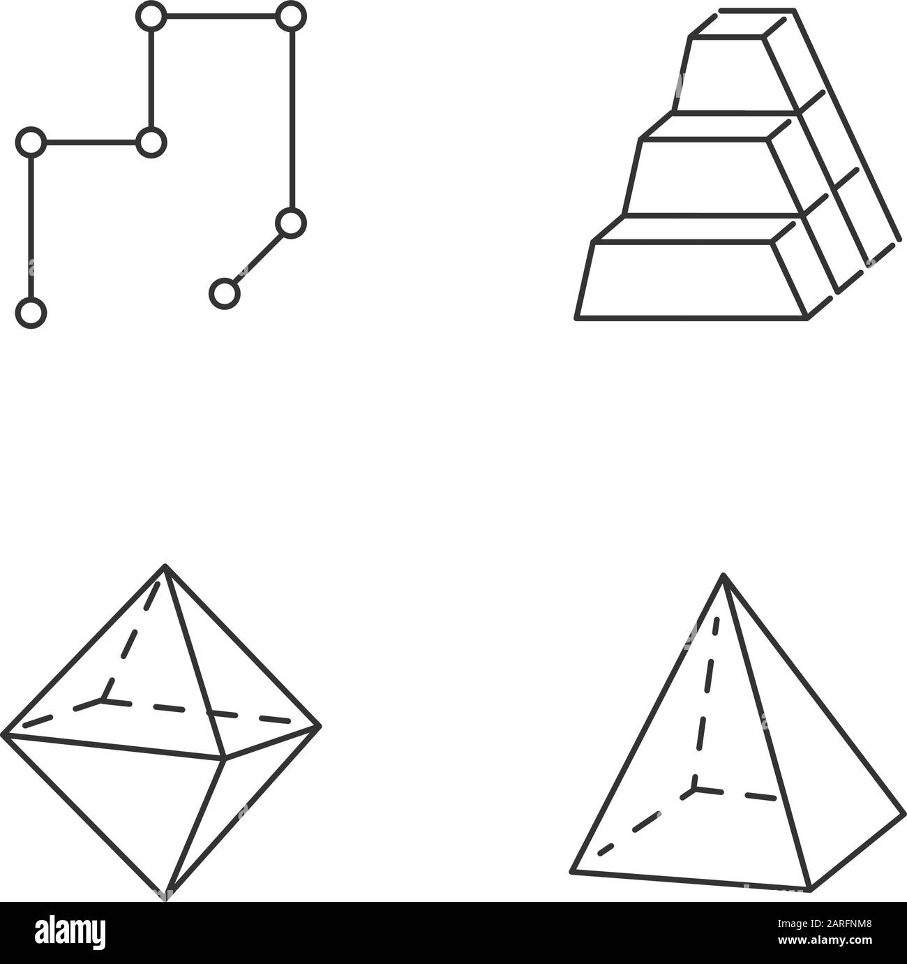 Figure geometriche insieme di icone lineari. Linee, mattoni. Doppia piramide. Forme astratte. Forme isometriche. Simboli di contorno a linea sottile. Outlin vettoriale isolato Illustrazione Vettoriale