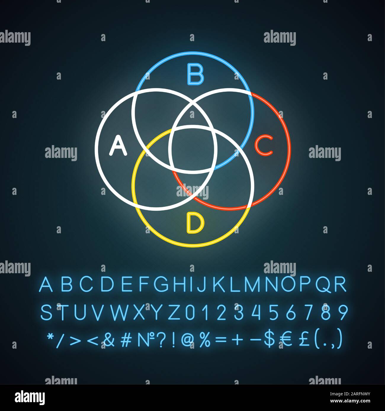 Icona della luce al neon con diagramma Venn. Grafico rotondo. Cerchi sovrapposti. Grafico intrecciato. Marketing, business. Segno luminoso con alfabeto, numeri e simbolo Illustrazione Vettoriale