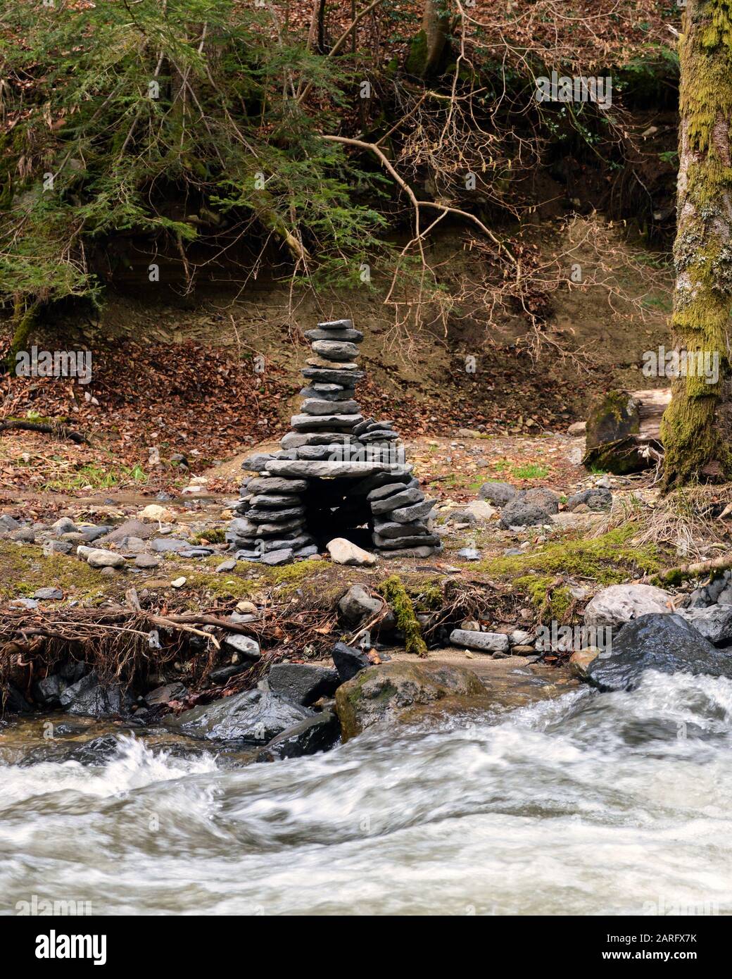 Montagna fiume selvaggio nella foresta con cairn Foto Stock