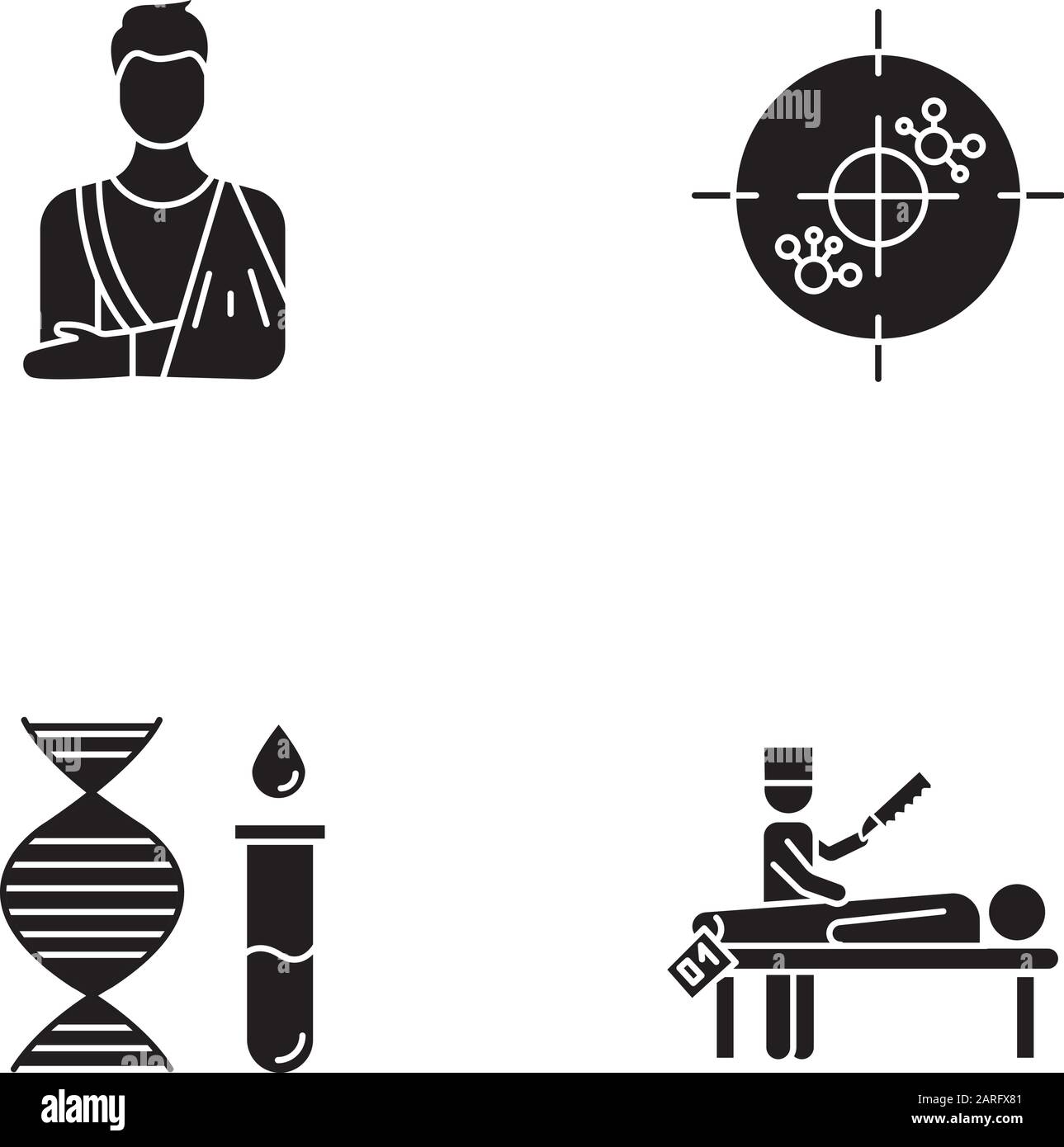 Set di icone glifi per procedure mediche. Cast ortopedico. Immunoterapia. Test genetico. Elica e molecole di DNA. Diagnosi di autopsia. Esame della causa di morte. Illustrazione Vettoriale
