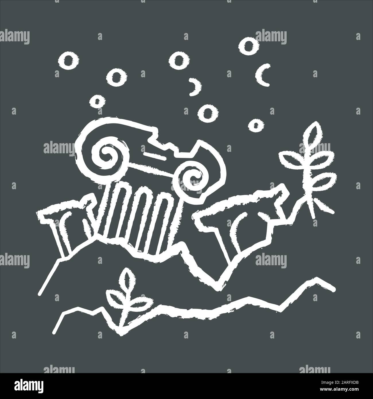 Icona della città perduta. Antiche rovine in oceano. Colonne sott'acqua. Montante danneggiato sul fondo marino. Tempio rotto. Scoperta archeologica. Perdita di città expl Illustrazione Vettoriale