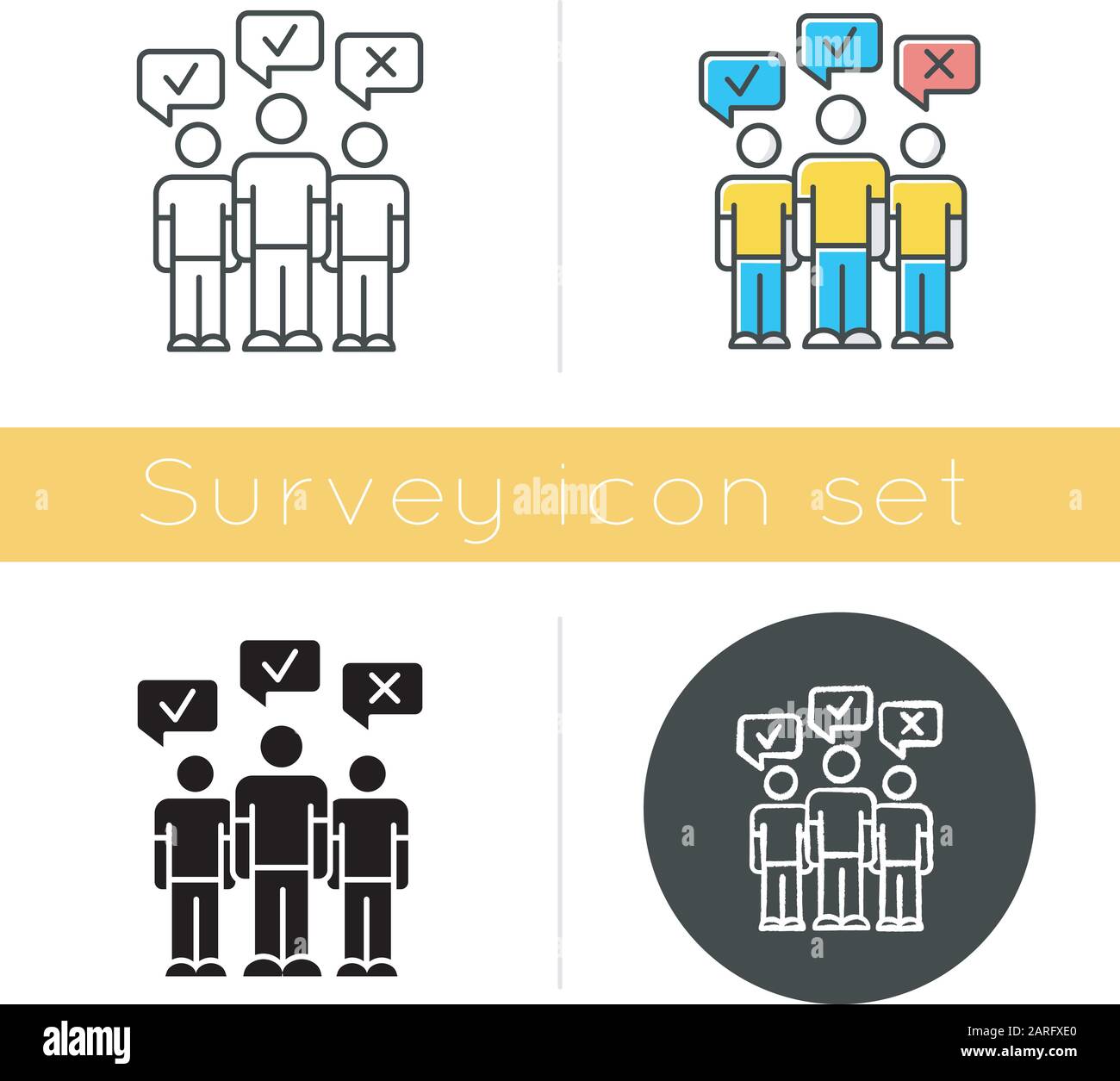 Icona sondaggio di massa. Opinione sociale, sondaggio pubblico. Votazione. D'accordo e in disaccordo. Approva e disapprova. Feedback positivo e negativo. Design piatto, lineare e. Illustrazione Vettoriale
