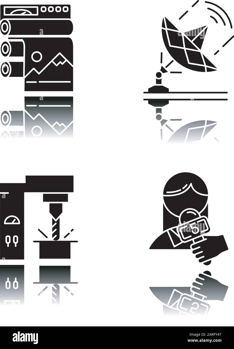 I tipi di settore drop ombra nero glyph icone set. Attrezzature per la pubblicazione professionale. Telecomunicazioni e broadcasting. Notizie e media. Prodotto in acciaio Illustrazione Vettoriale
