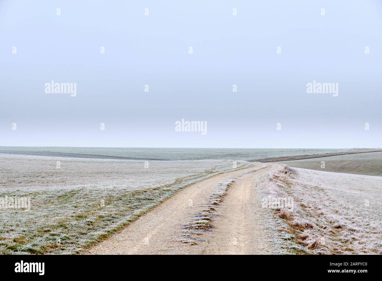 Paesaggio invernale grigio freddo solitario con una strada di ghiaia tra campi agricoli in campagna. Visto in Franconia / Baviera, Germania a Janua Foto Stock