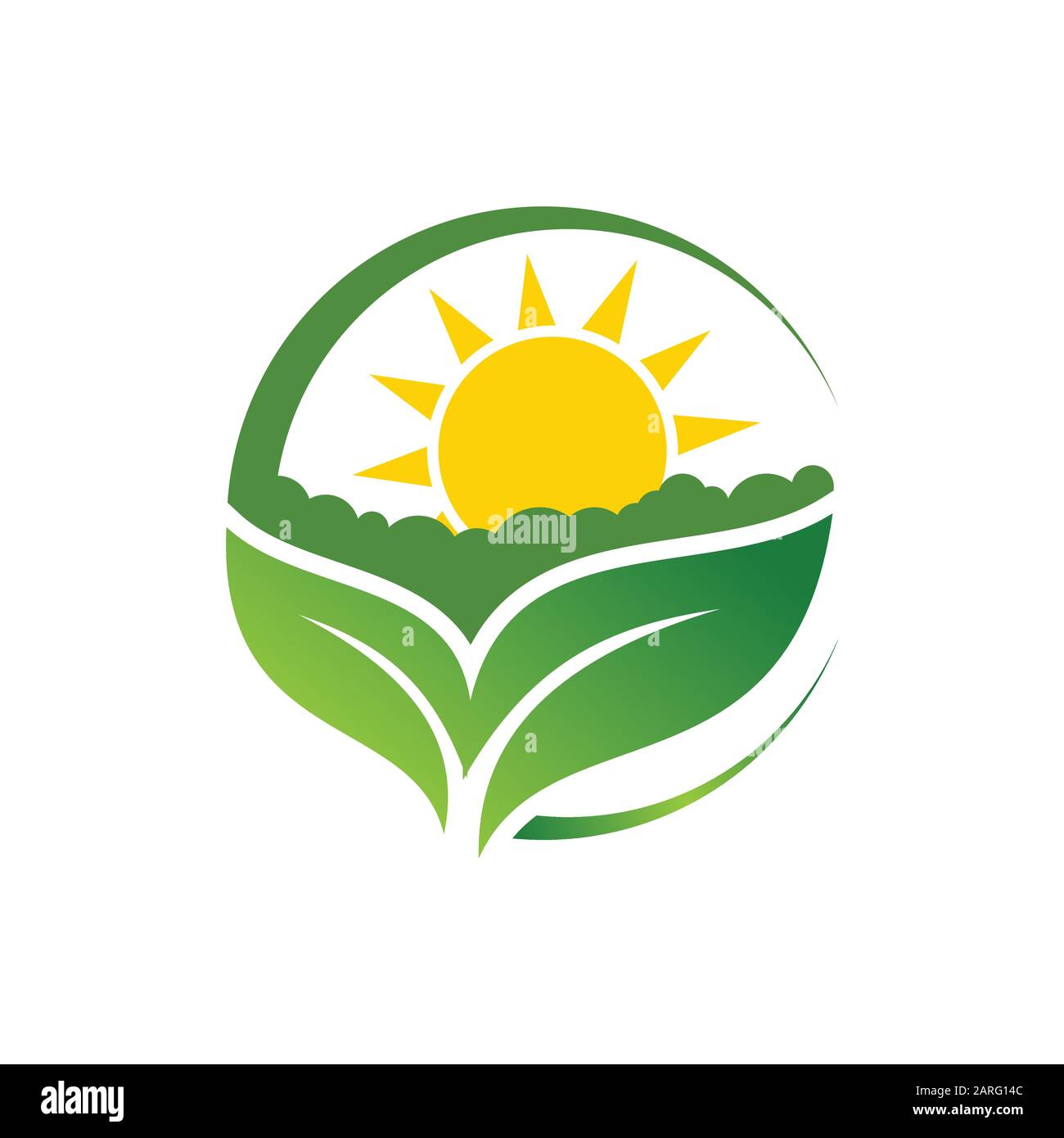 Logo agricolo modello di design foglia verde con simbolo di sole Illustrazione Vettoriale