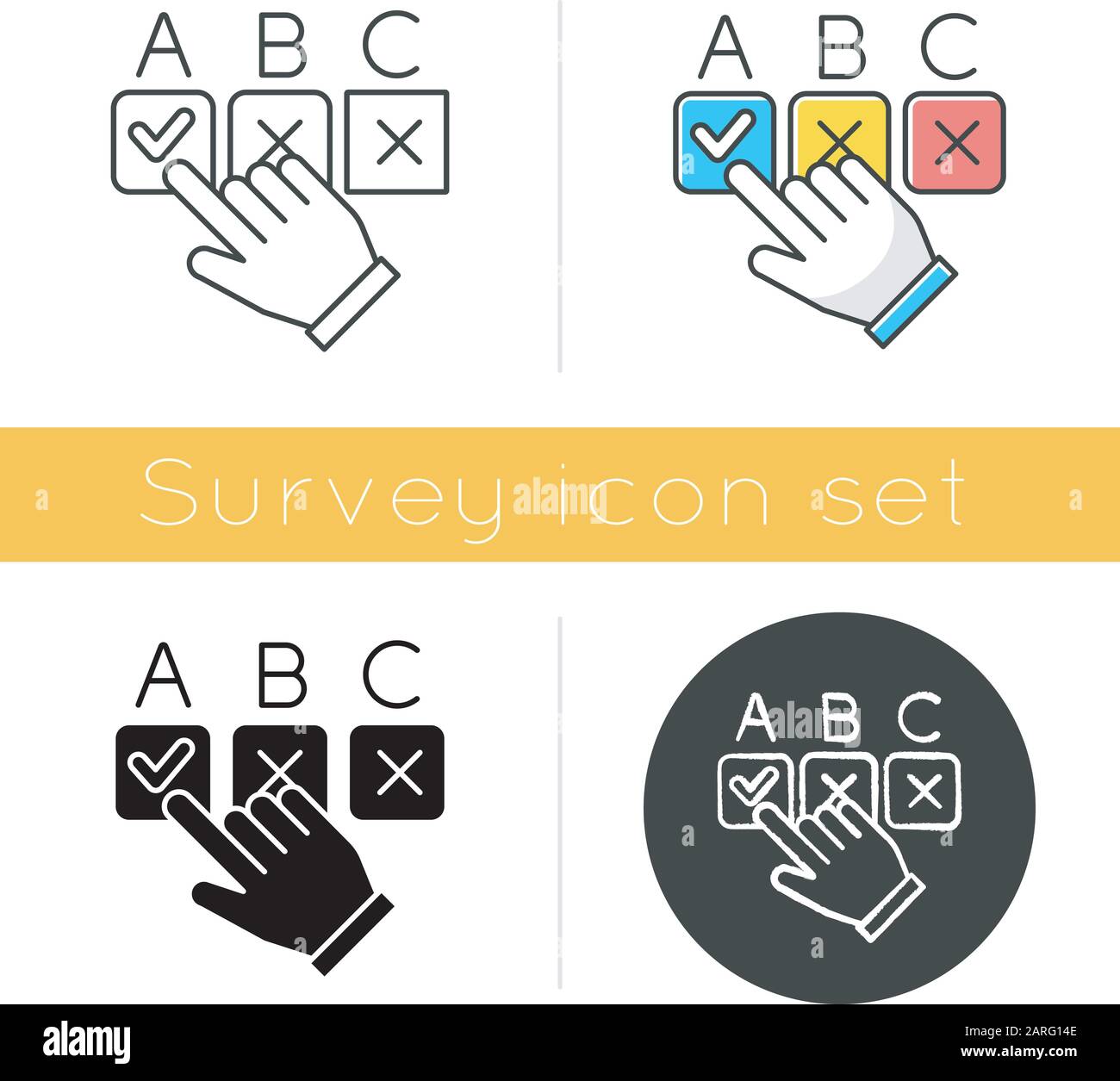 Scegliere l'icona dell'opzione. Casella di controllo prelievo manuale. Selezione della risposta. Prendere una decisione. Sondaggio online. Feedback anonimo. Fare clic sul pulsante. Design piatto, lineare A. Illustrazione Vettoriale