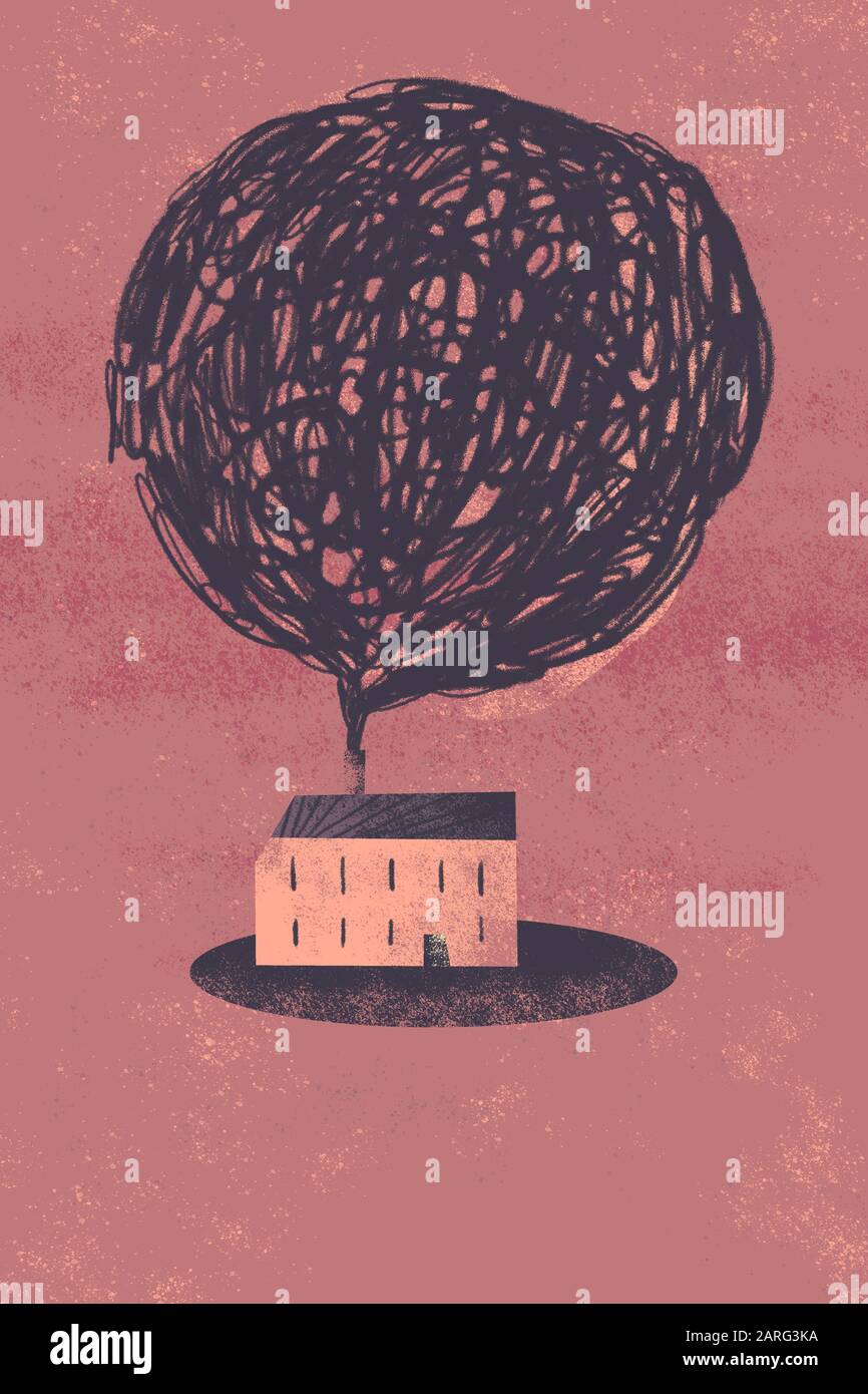 Inquinamento delle abitazioni che contamina l'aria in gran parte. Concetto di crisi climatica. Foto Stock