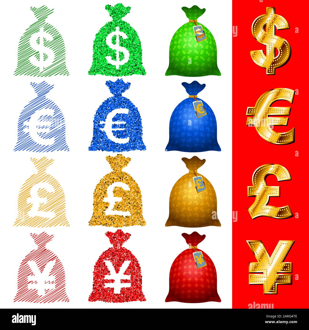 Icone vettoriali di valuta borse di denaro, sacchi; segno di USD, EUR, GBP, JPY; EPS8 Illustrazione Vettoriale