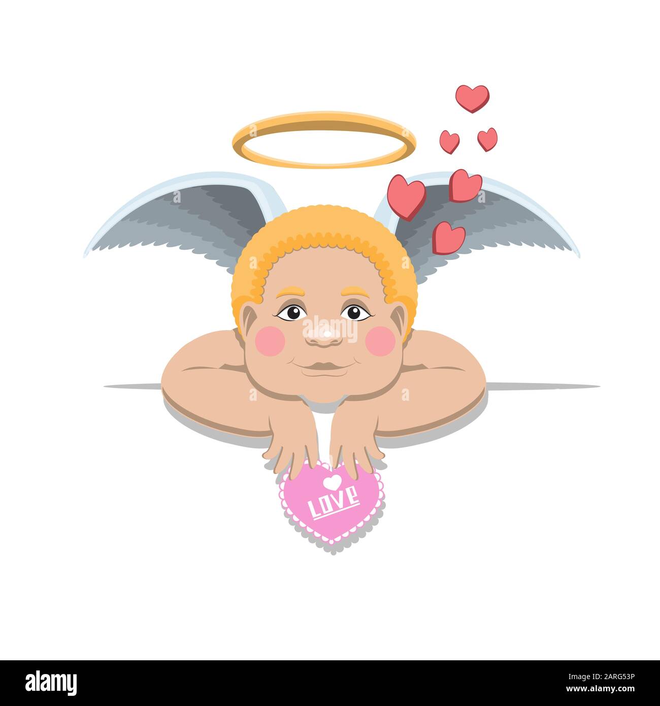 Un divertente piccolo Cupido con un alone e ali tiene un cuore di San Valentino su uno sfondo bianco isolato. Immagine vettoriale Illustrazione Vettoriale