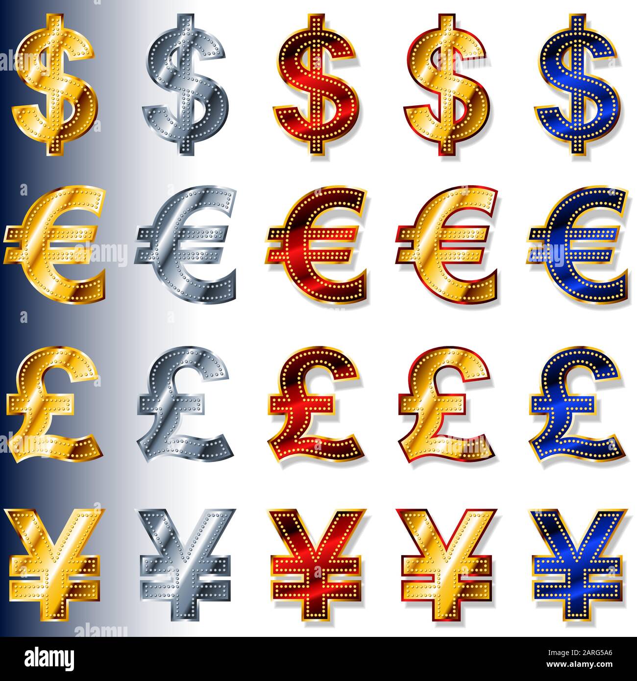Icone vettoriali di valuta segno monetario di USD, EUR, GBP, JPY; EPS8 Illustrazione Vettoriale