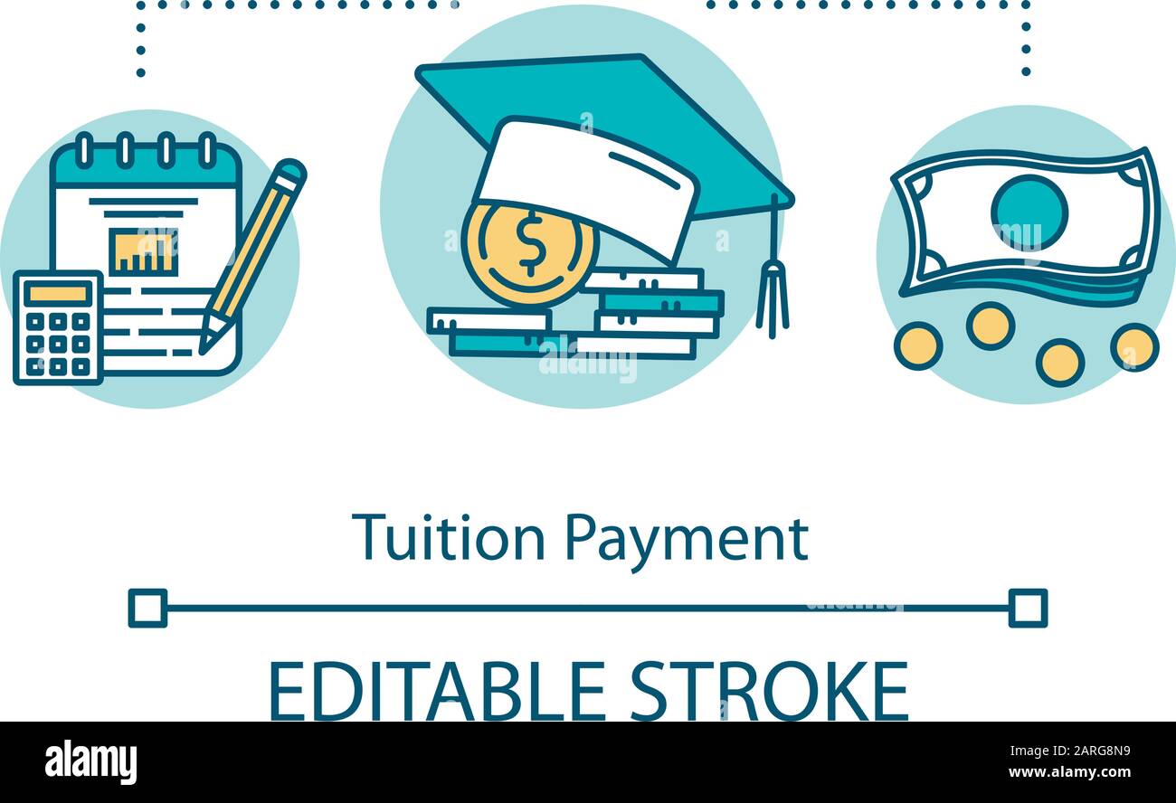 Icona del concetto di pagamento delle tasse scolastiche. Sovvenzione finanziaria per l'istruzione. Costi di scolarizzazione. Investimento di conoscenza. Illustrazione di linea sottile di idea del fondo di risparmio dell'università. V Illustrazione Vettoriale