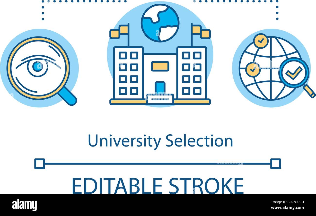Icona del concetto di selezione universitaria. Scelta di accademia. Istruzione superiore all'estero. Ambasciata straniera. Illustrazione della linea sottile dell'idea di ricerca di formazione. Vettore Illustrazione Vettoriale