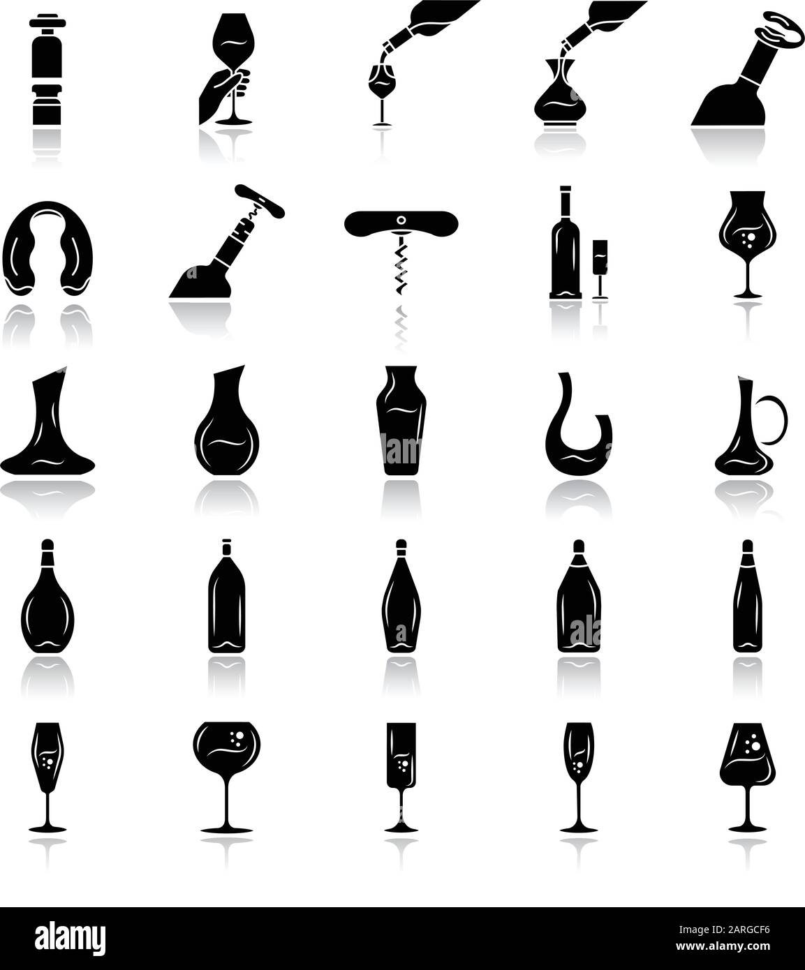 Vino e Wineglasses goccia ombra glyph nero icone set. Diversi tipi di vetreria e bevande alcoliche. Decanter, bottiglie, utensili da barman. Aperitivo Illustrazione Vettoriale