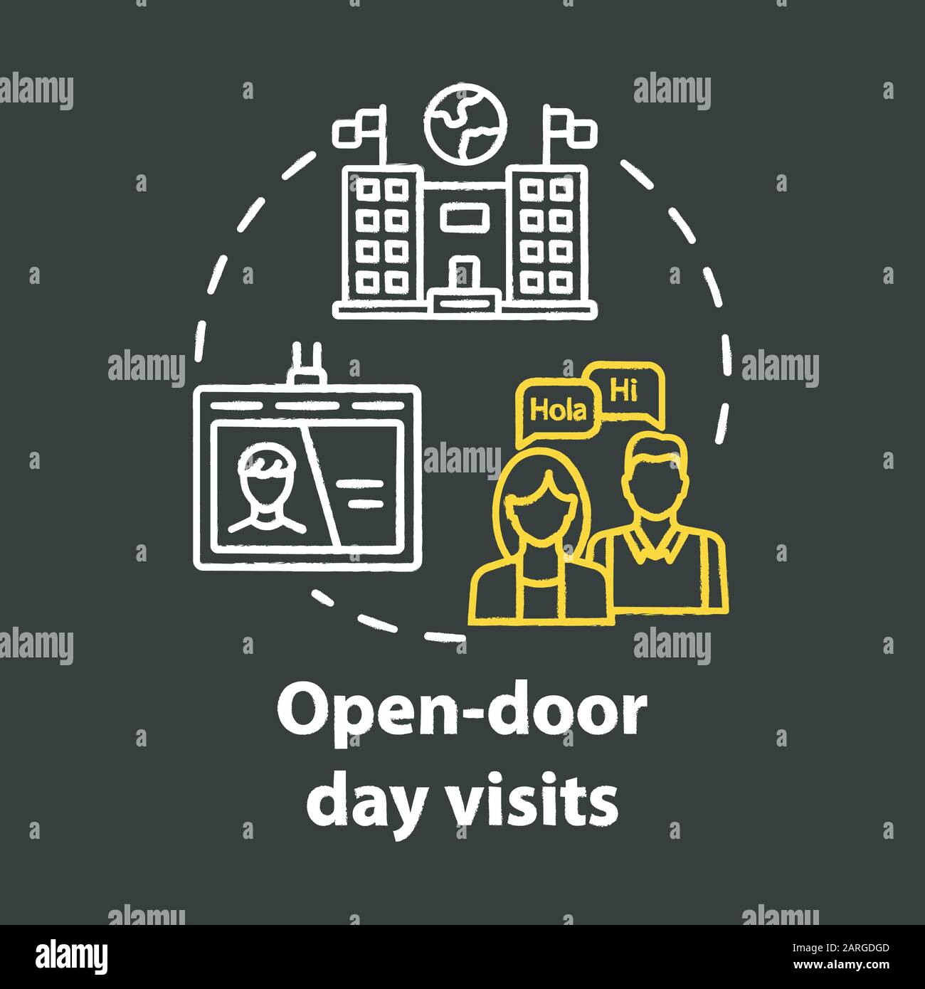 Visite giornaliere a porta aperta icona di concetto gesso. Presentazione dell'università internazionale. Invito allo studio. Idea di ingresso all'università. Chalkbo isolato da vettore Illustrazione Vettoriale