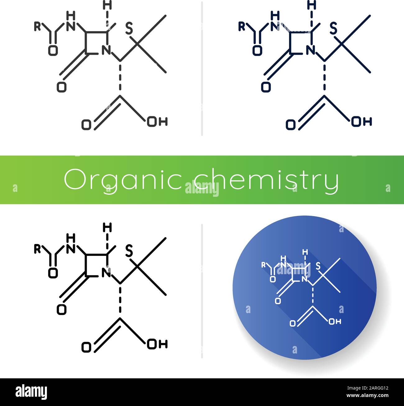 Icona di formula molecolare chimica. Disposizione di legame degli atomi. Schema di chimica organica. Composti di elemento. Design piatto, lineare, nero e a colori st Illustrazione Vettoriale