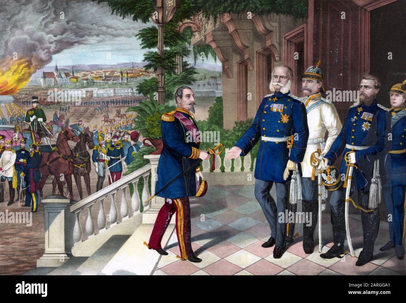 BATTAGLIA DI SEDAN 1-2 SETTEMBRE 1870. Napoleone III cede al re Guglielmo in una stampa contemporanea. Foto Stock
