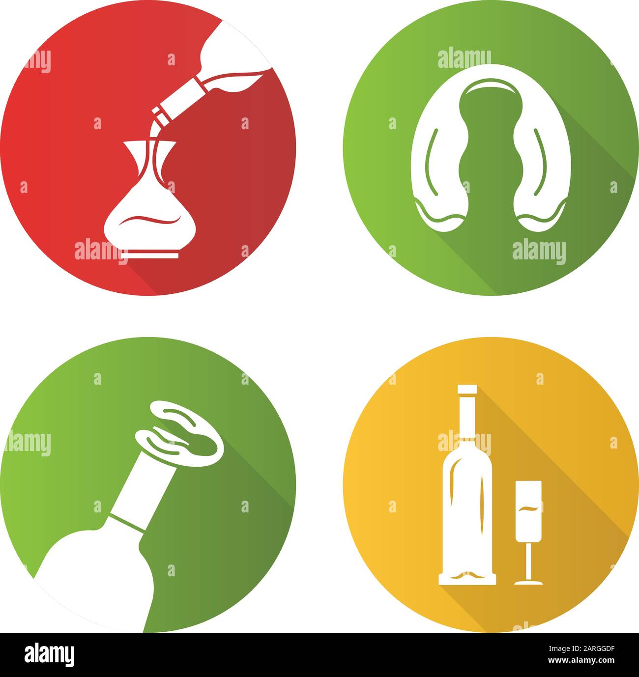 Set di icone glyph a forma di gyph a lunga ombra per la tavola di cantine e utensili. Taglialegna, decanter, bicchiere da vino, bottiglia. Ristorante, bar, pub. Sommelier Illustrazione Vettoriale