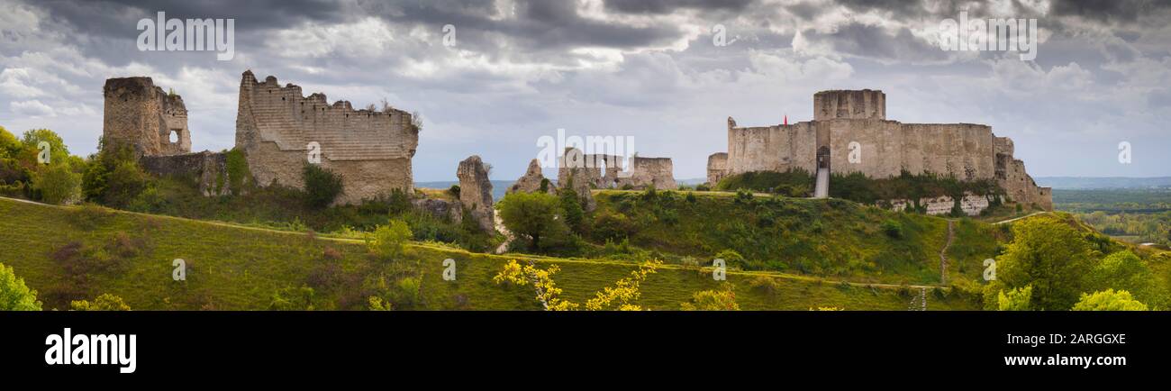 Chateau Gaillard Panorama, Les Andelys, Eure, Normandia, Francia, Europa Foto Stock