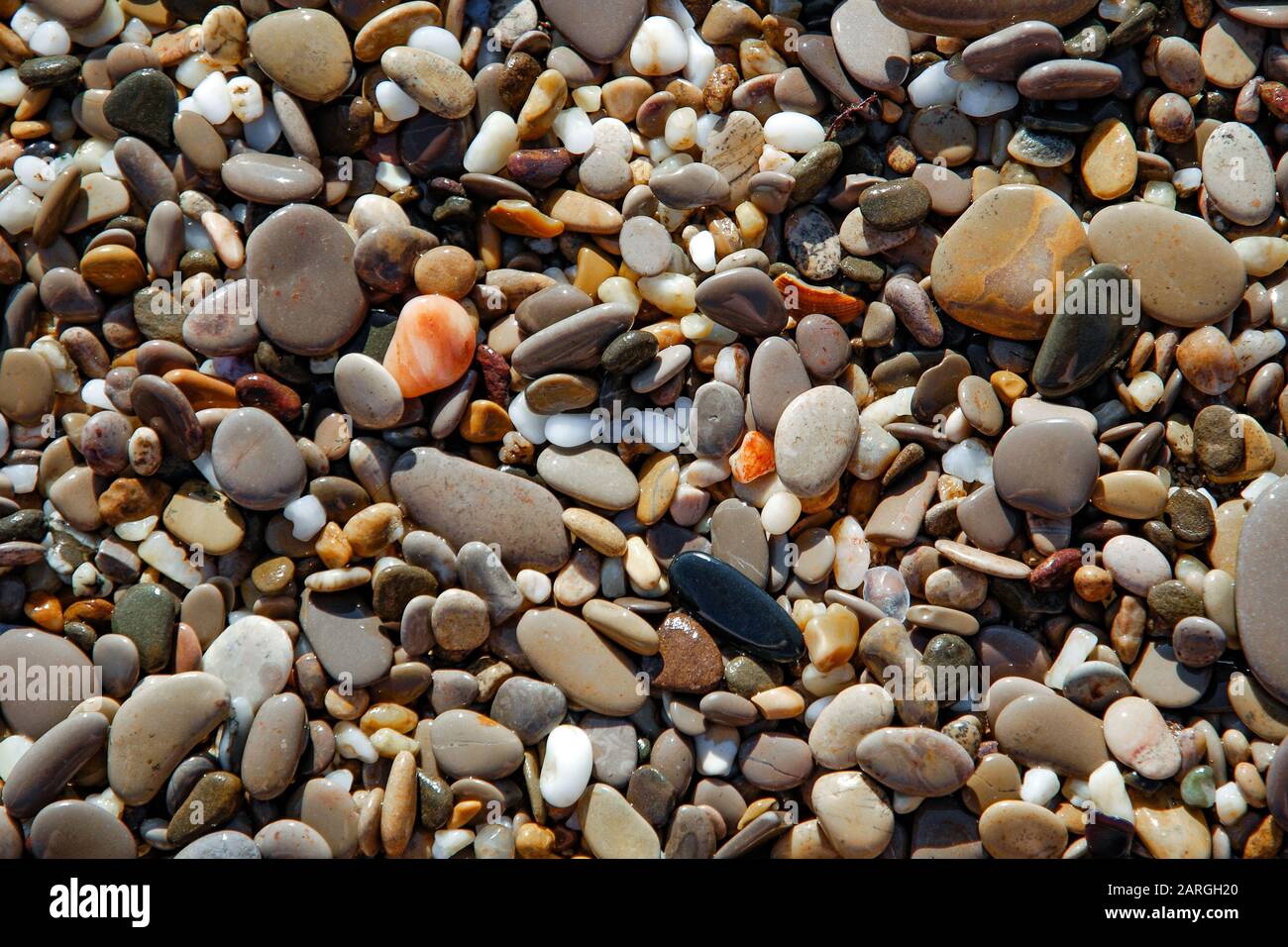 Sfondo naturale di ciottoli colorati bagnati sulla spiaggia Foto Stock