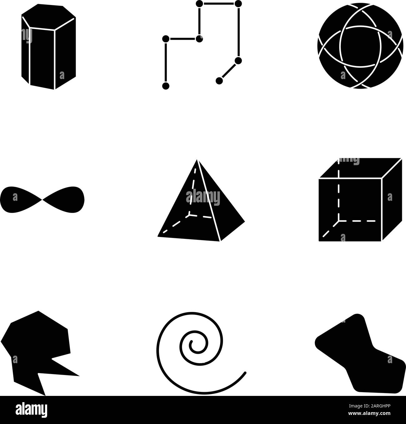 Figure geometriche icone glifi impostate. Modello PRISM. Linee collegate. Cerchio a strisce. Segno di eternità. Piramide, cubo. Forme astratte arrotondate. Forme isometriche. Illustrazione Vettoriale