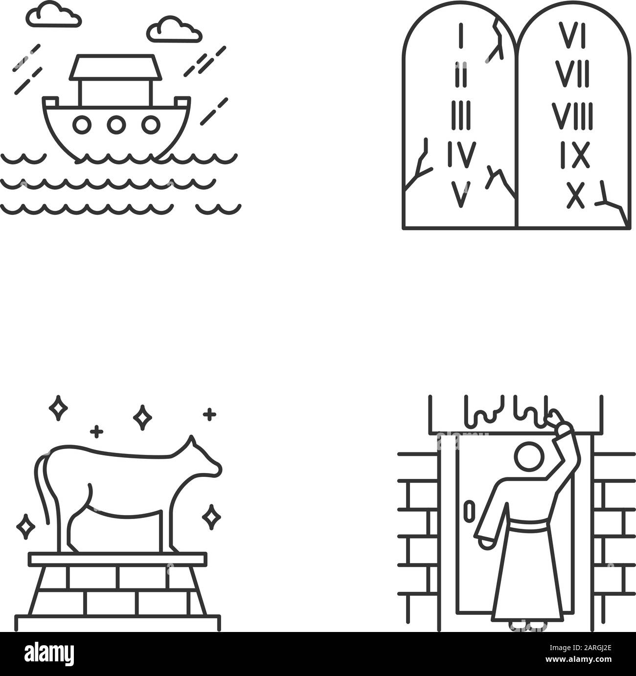 La Bibbia narrative icone lineari set. La Pasqua, i miti alluvionali, dieci comandamenti. Trama di storie bibliche. Simboli di contorno a linea sottile. Vettore isolato Illustrazione Vettoriale
