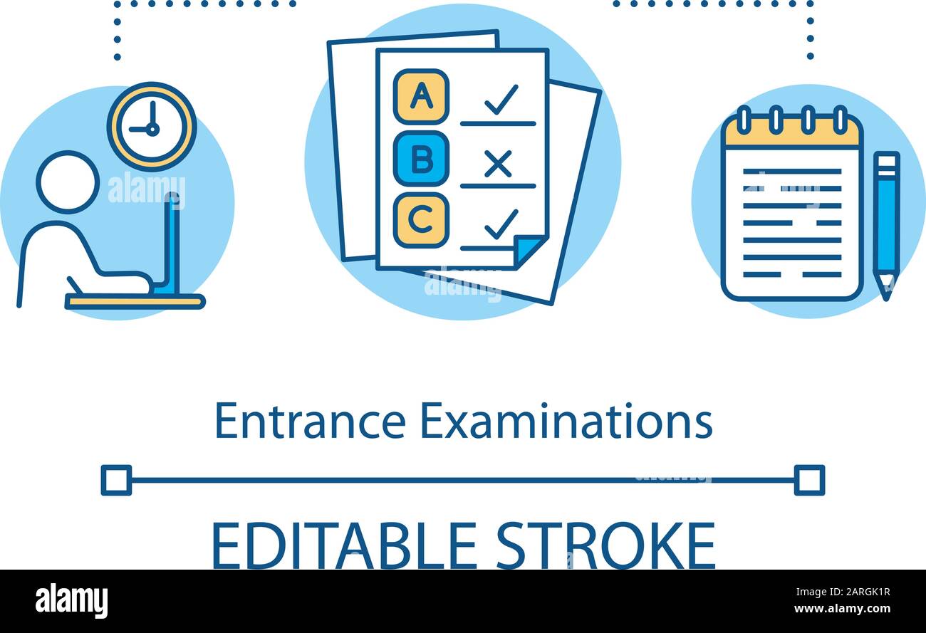 Icona del concetto di esami di ingresso. Controllare le conoscenze e il livello di formazione. Esame di ingresso universitario. Superamento dell'illustrazione della linea sottile dell'idea di prova. iso vettore Illustrazione Vettoriale