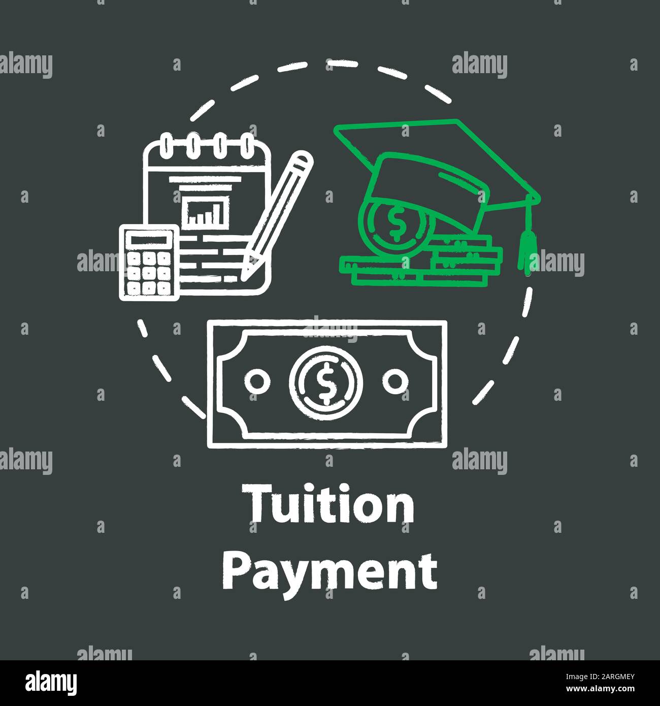 Icona del concetto di gesso per il pagamento delle tasse scolastiche. Costo dell'istruzione. Sovvenzione finanziaria. Investimento di conoscenza. Contare l'idea di fondo di risparmio dell'università. Chalkbo isolato da vettore Illustrazione Vettoriale