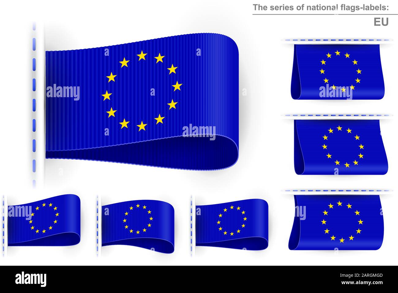 Bandiera di Stato nazionale dell'Unione europea; etichetta di abbigliamento Cucita; bandiera UE Vector Set Eps10; versione blu Illustrazione Vettoriale