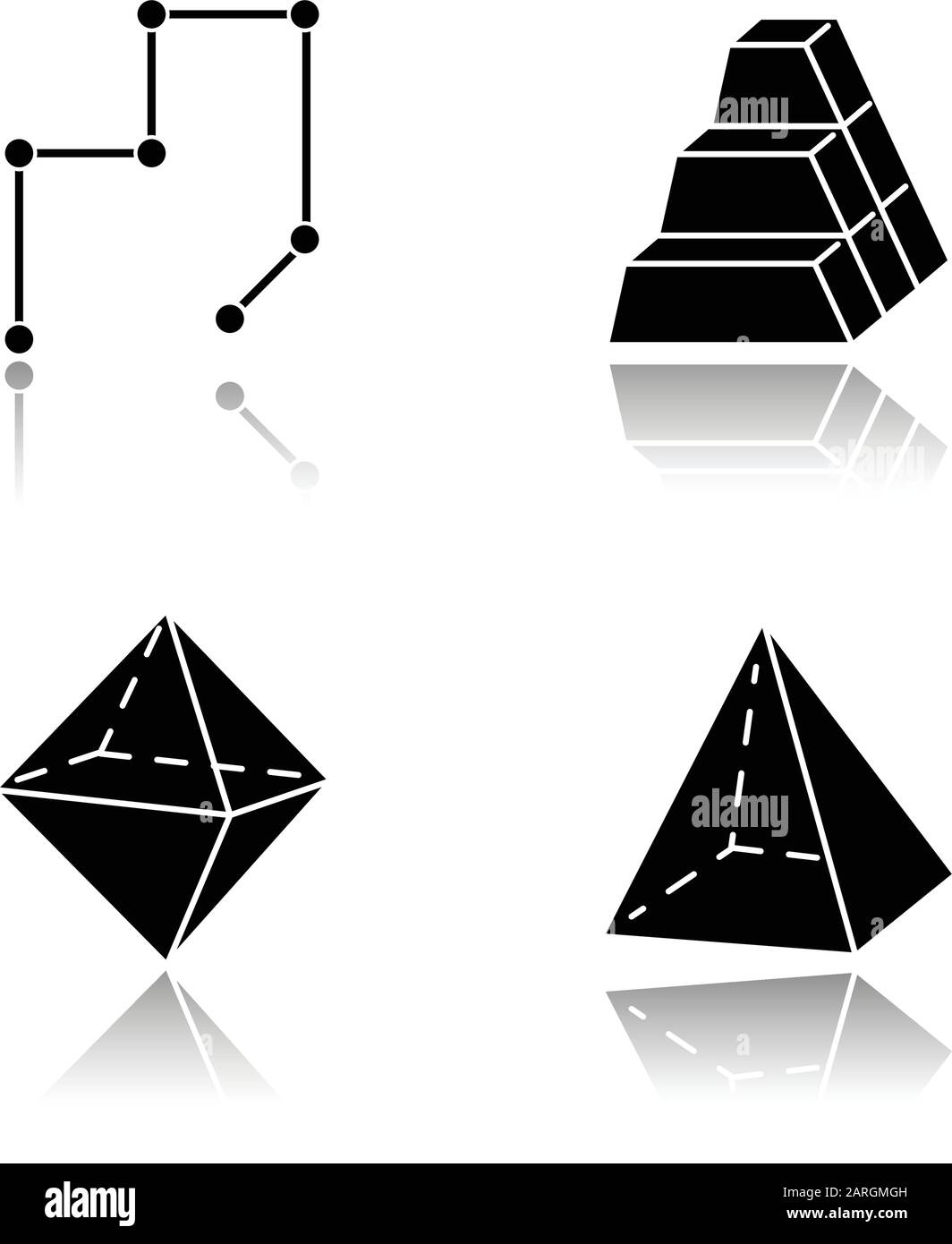 Le figure geometriche sfumano le icone nere dei glifi. Linee collegate. Stock di blocchi dimensionali. Mucchio di mattoni. Doppia piramide. Forme astratte. È Illustrazione Vettoriale