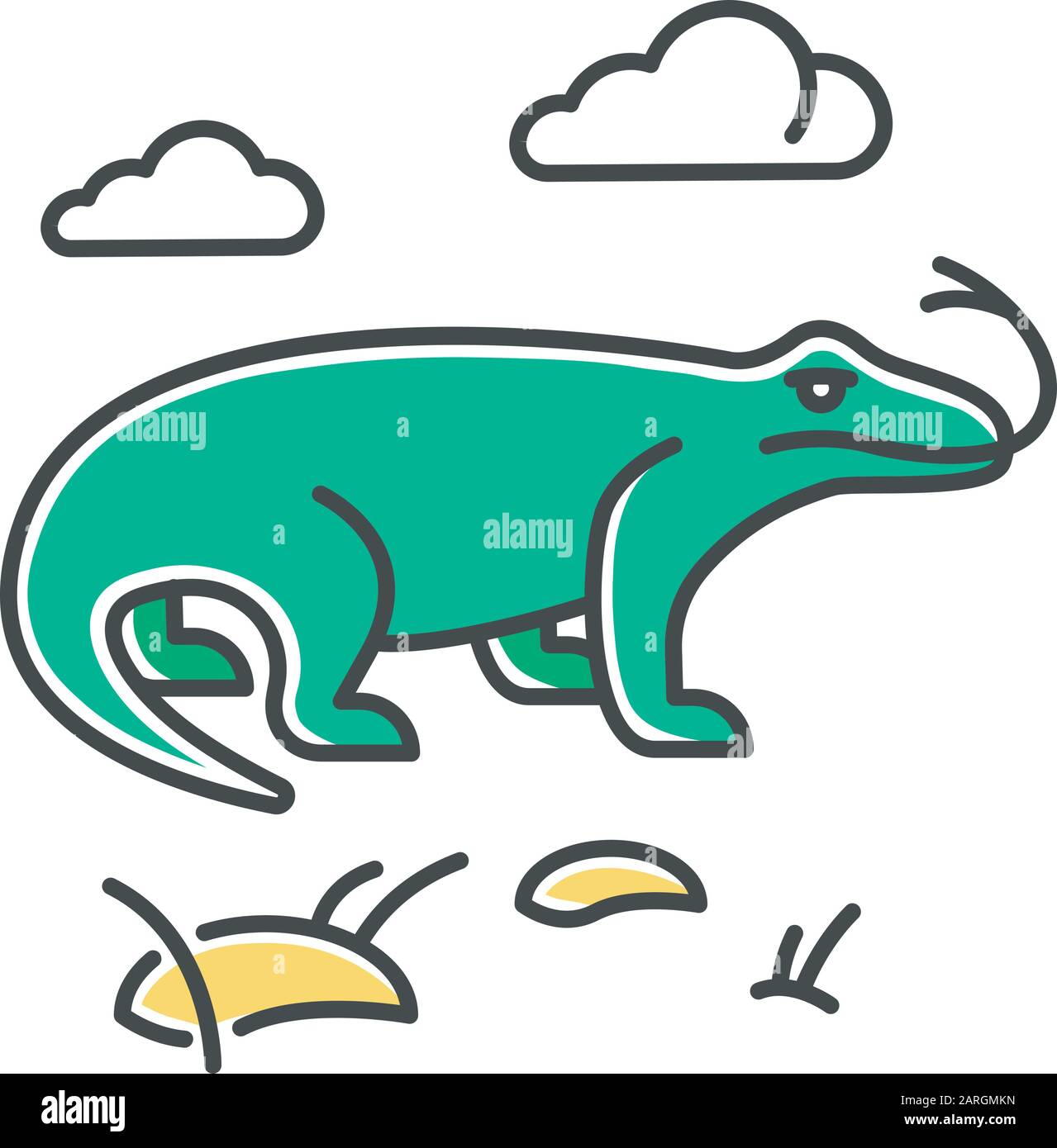 Icona verde del drago di Komodo. Animali tropicali di campagna. Fauna delle isole indonesiane. Esplorare la fauna selvatica esotica. Varans in natura. La più grande lucertola esistente Illustrazione Vettoriale