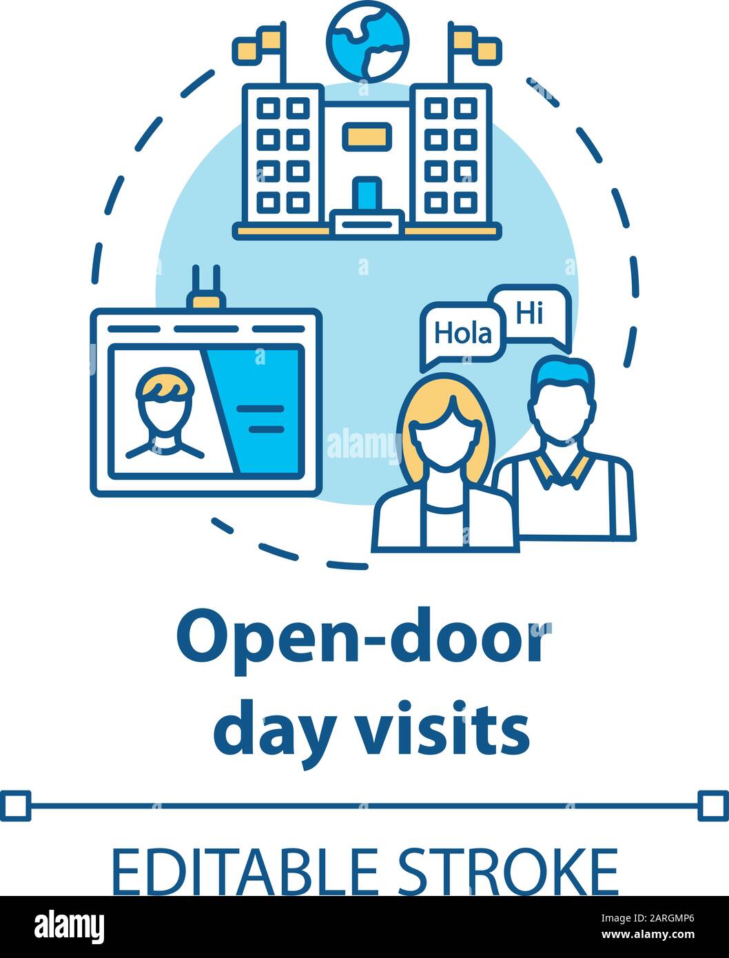 Icona del concetto di visite giornaliere a porte aperte. Presentazione dell'università internazionale. Invito allo studio. Illustrazione della linea sottile dell'idea dell'entrata dell'università. Vettore Illustrazione Vettoriale