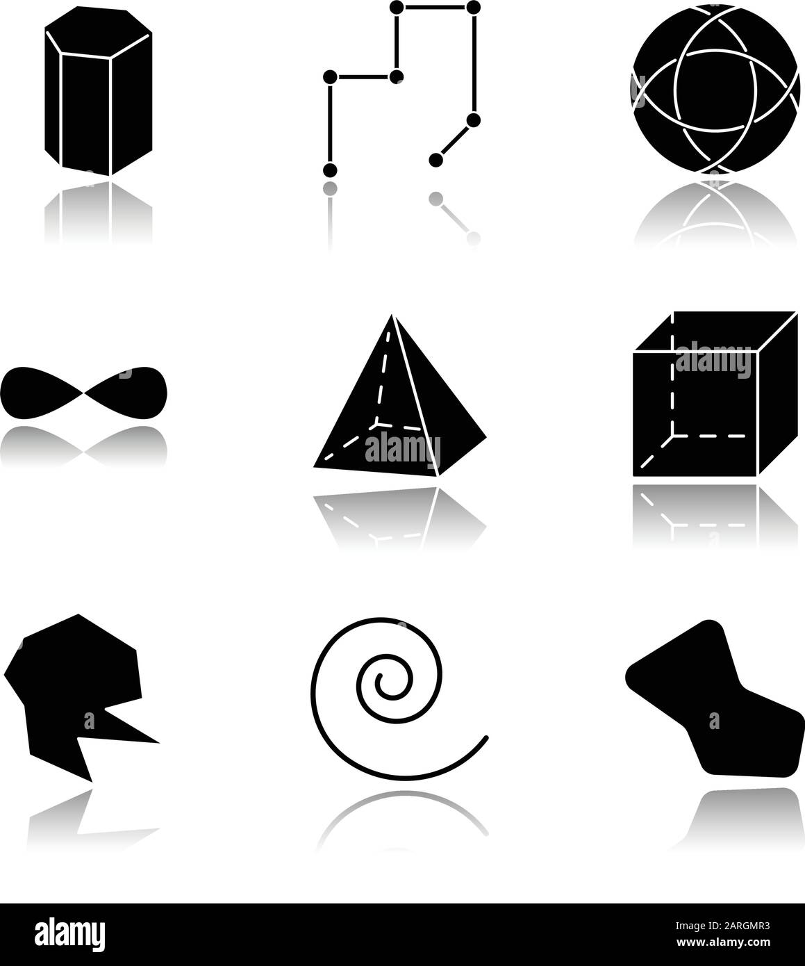 Le figure geometriche sfumano le icone nere dei glifi. Modello PRISM. Linee collegate. Cerchio a strisce. Segno di eternità. Piramide, cubo. Forme astratte arrotondate Illustrazione Vettoriale