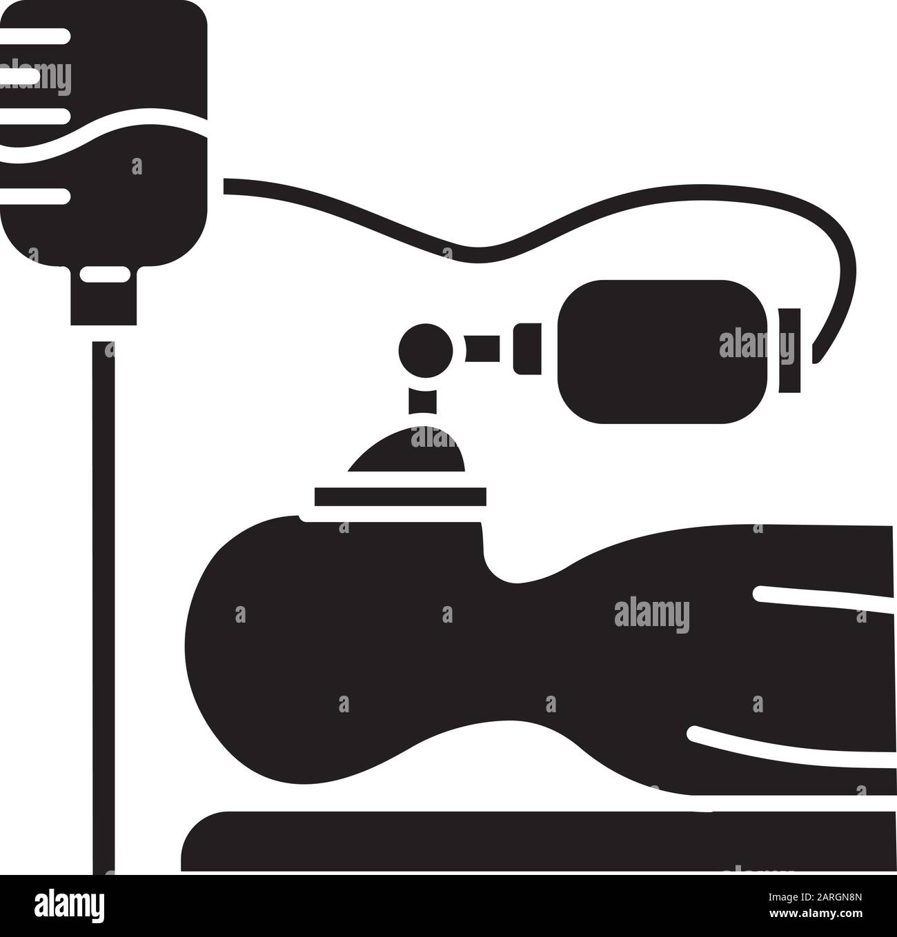 Icona glifo anestesia. Procedura medica. Fase di apnea. Induzione del liquido. Paziente incosciente sul letto. Contagocce. Trattamento di malattia. Simbolo di silhouette. Ne Illustrazione Vettoriale