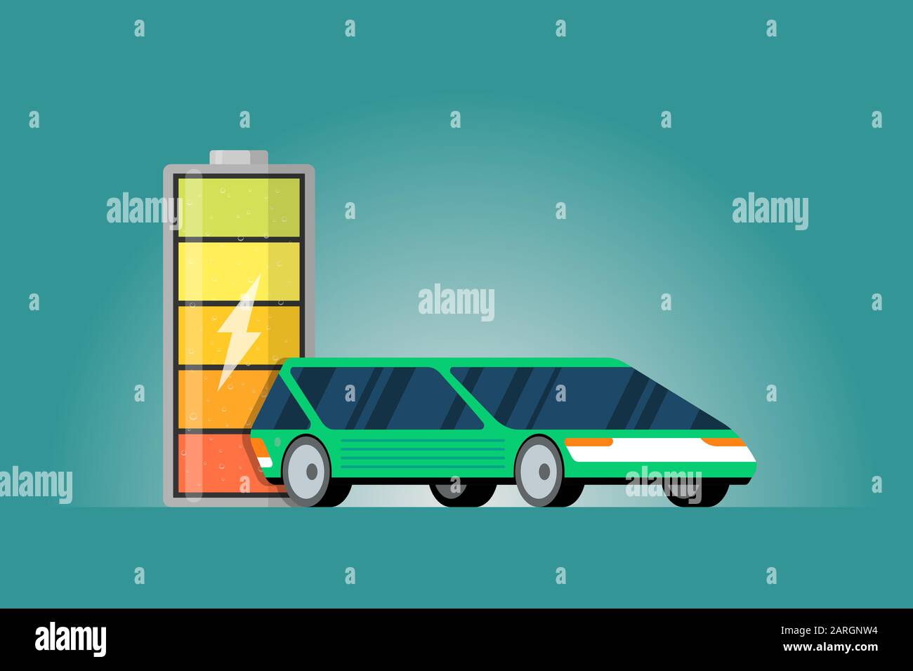 Indicatore di carica della batteria ad alta potenza elettrica con icona fulminea e auto elettrica verde. Tecnologia e-vehicle moderna e concetto di tecnologia eco-trasporto. Illustrazione dell'accumulatore Vector Full Illustrazione Vettoriale