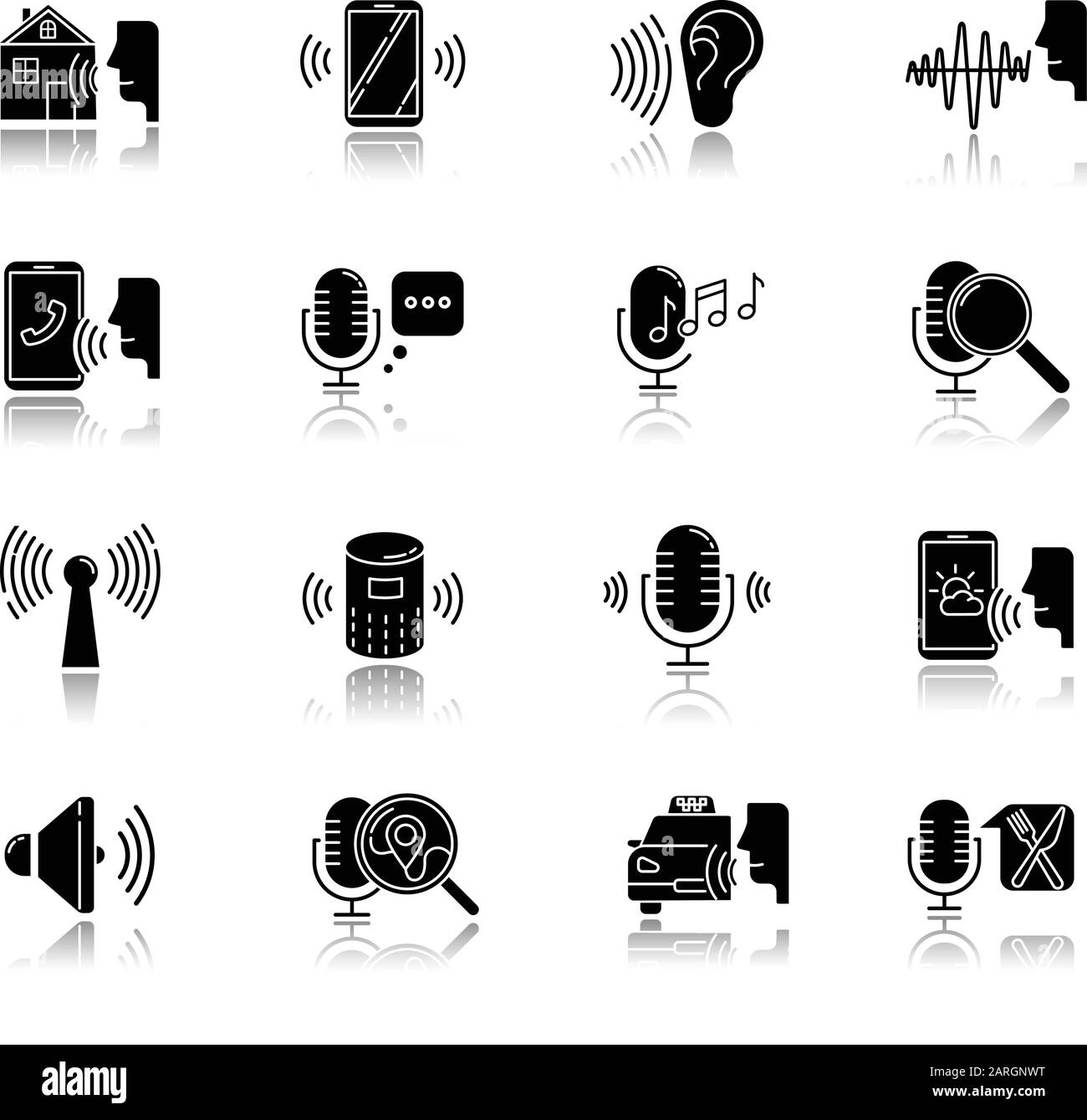 Set di icone glifi neri ombra drop controllo vocale. Richiesta audio. App controllate in remoto. Processo di riconoscimento vocale. Microfono con modalità di registrazione Illustrazione Vettoriale