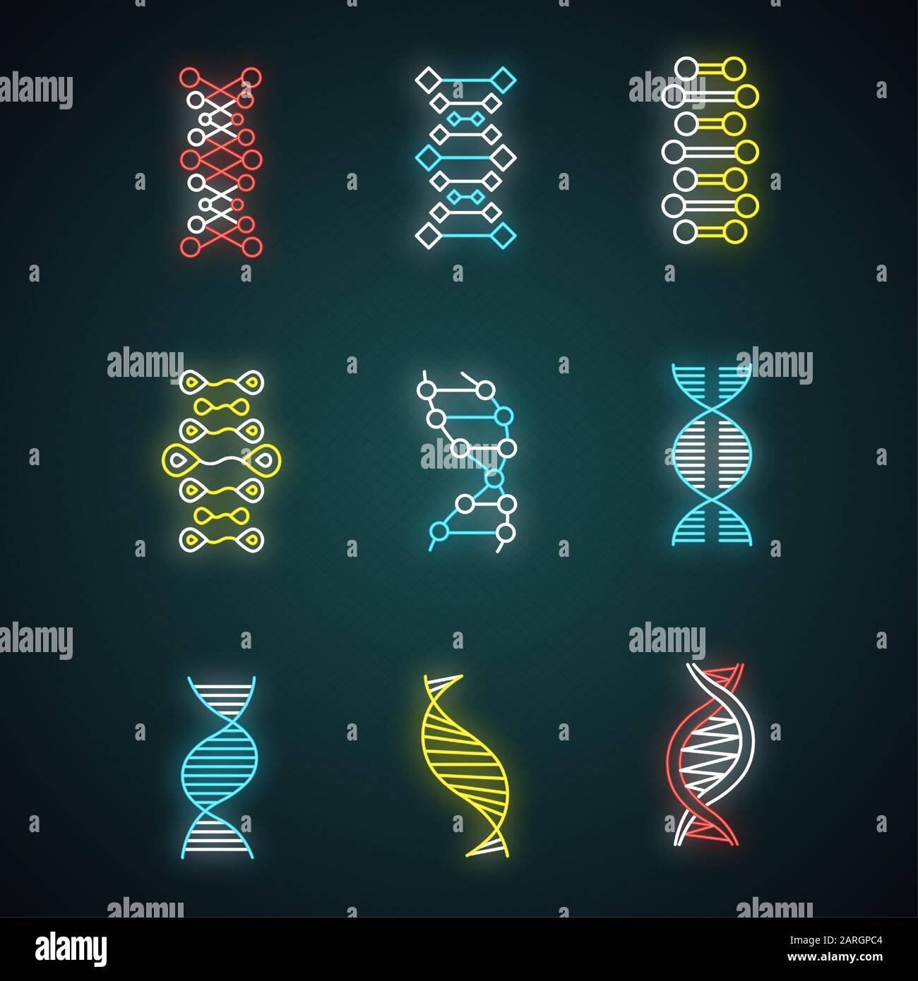 Set di icone di luci al neon a doppia elica DNA. Struttura di acido nucleico desossiribonucleico. Cromosoma. Biologia molecolare. Codice genetico. Genoma. Genetica. Medici Illustrazione Vettoriale