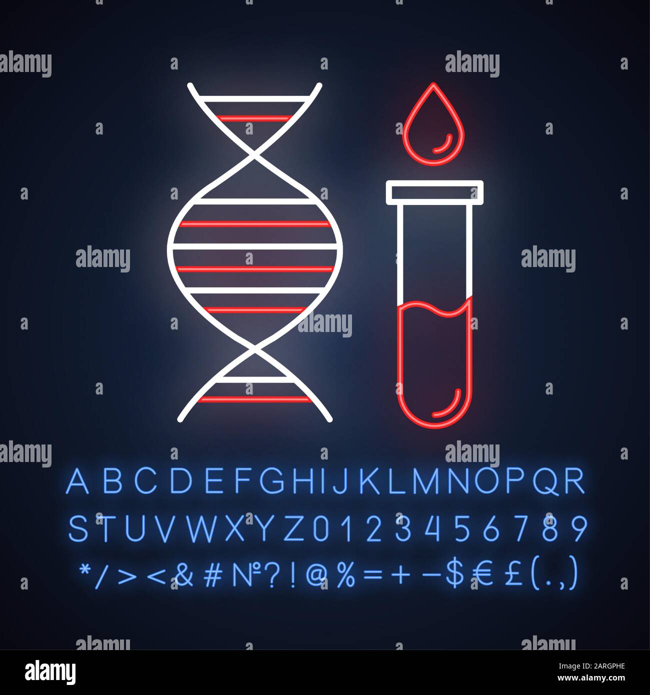 Icona della luce al neon per test genetici. Esame del DNA. Sangue nel flaconcino. Procedura medica. Biochimica. Cromosoma, gene helix. Segno incandescente con alfabeto, Illustrazione Vettoriale