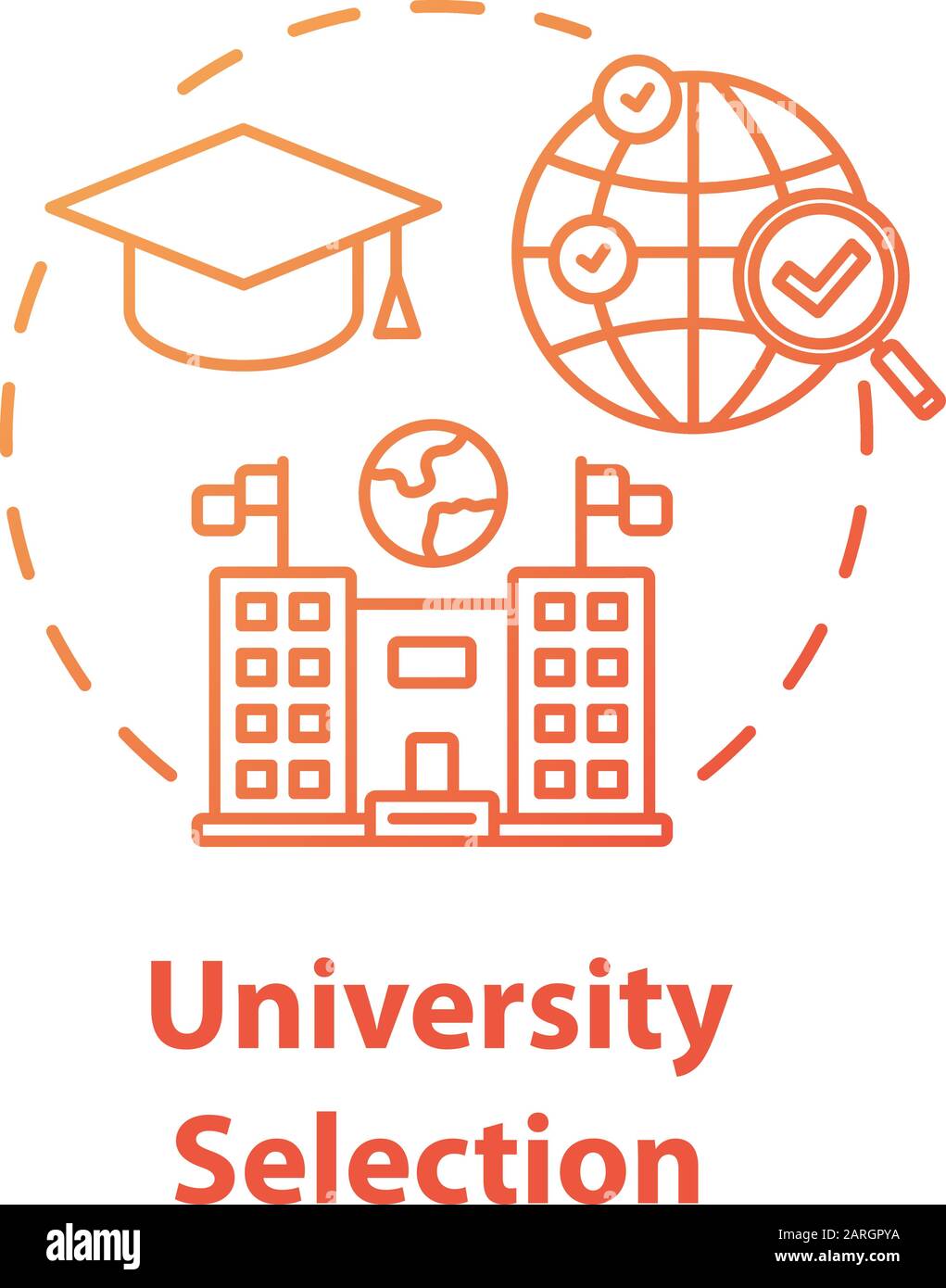 Icona del concetto di selezione universitaria. Scegli l'università. Istruzione superiore all'estero. Illustrazione della linea sottile dell'idea internazionale di apprendimento a distanza. Isolamento del vettore Illustrazione Vettoriale