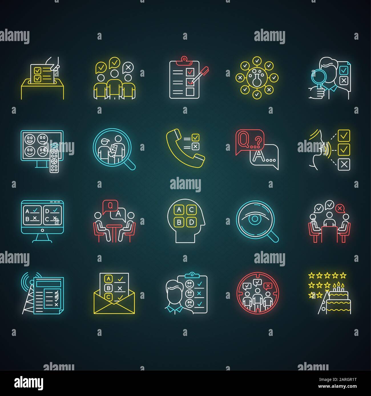 Metodi di indagine fascio di icone di luce al neon. Intervista. In linea, sondaggio telefonico. Valutazione. Opinione pubblica. Revisione del cliente. Feedback. Valutazione. Raccolta dati Illustrazione Vettoriale