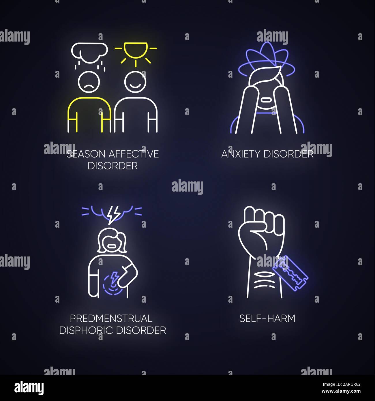 Set di icone di luci al neon di disturbo mentale. Ansia. Predstrual disforia. Autolesionismo. Disturbo affettivo stagionale. Cambiamento emotivo. Vena tagliata. Donna in pai Illustrazione Vettoriale