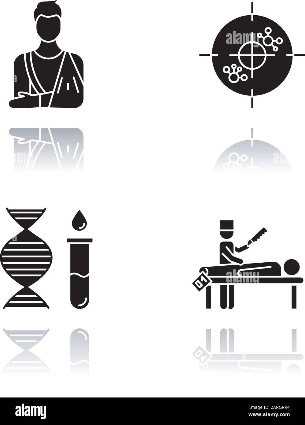 Procedura medica goccia ombra glyph nero icone set. Cast ortopedico. Osso fratturato. Immunoterapia. Test genetico. DNA, molecole. Diagnosi di autopsia. Illustrazione Vettoriale