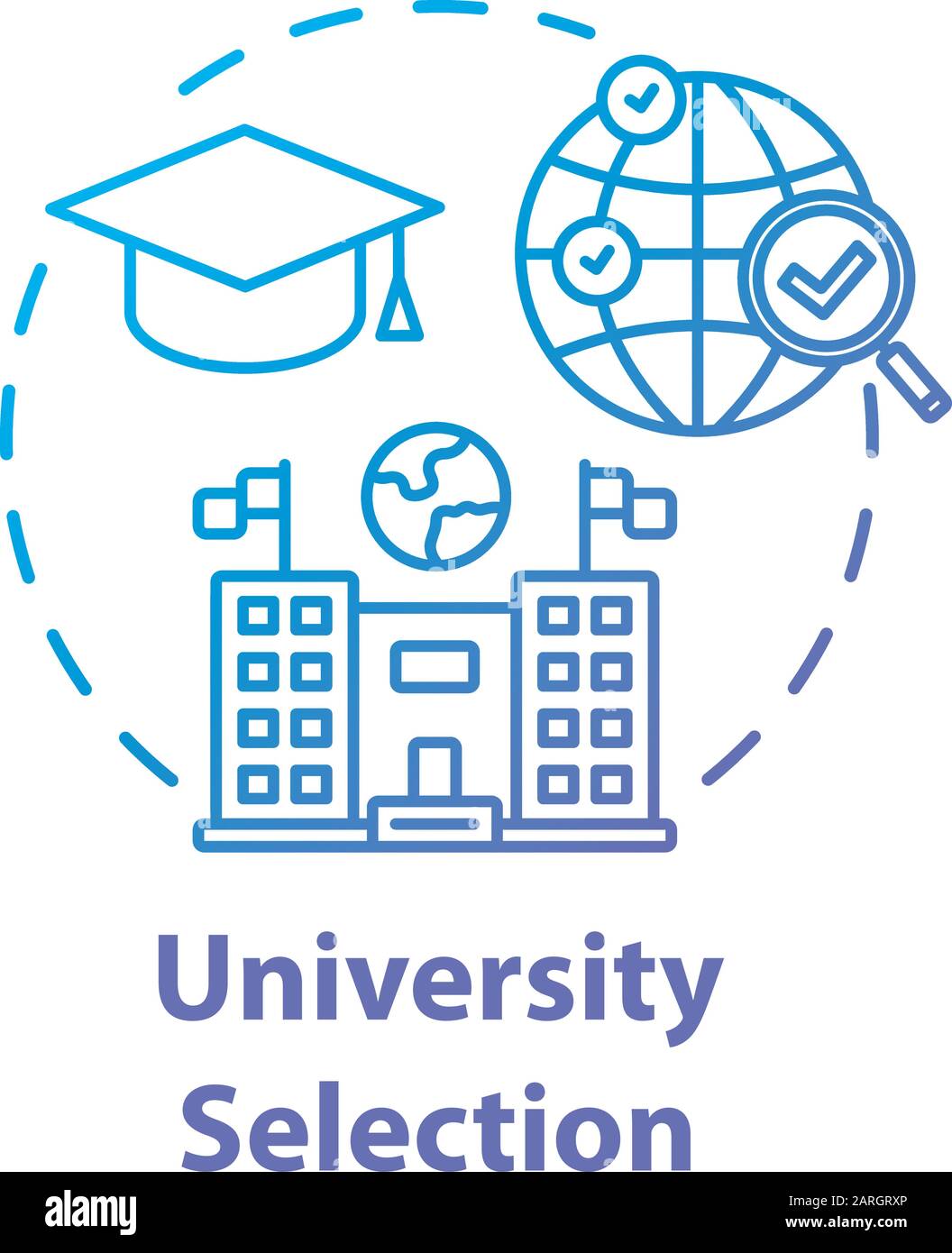 Icona del concetto di selezione universitaria. Scegli l'università. Istruzione superiore all'estero. Illustrazione della linea sottile dell'idea internazionale di apprendimento a distanza. Isolamento del vettore Illustrazione Vettoriale