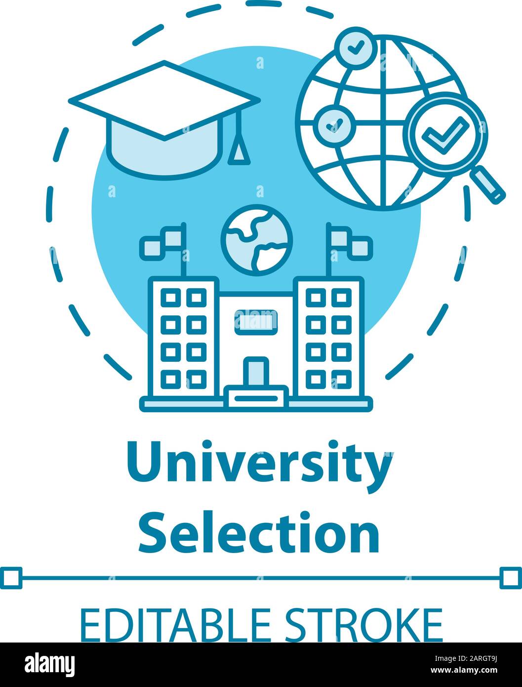 Icona del concetto di selezione universitaria. Scegli l'università. Istruzione superiore all'estero. Illustrazione della linea sottile dell'idea internazionale di apprendimento a distanza. Isolamento del vettore Illustrazione Vettoriale
