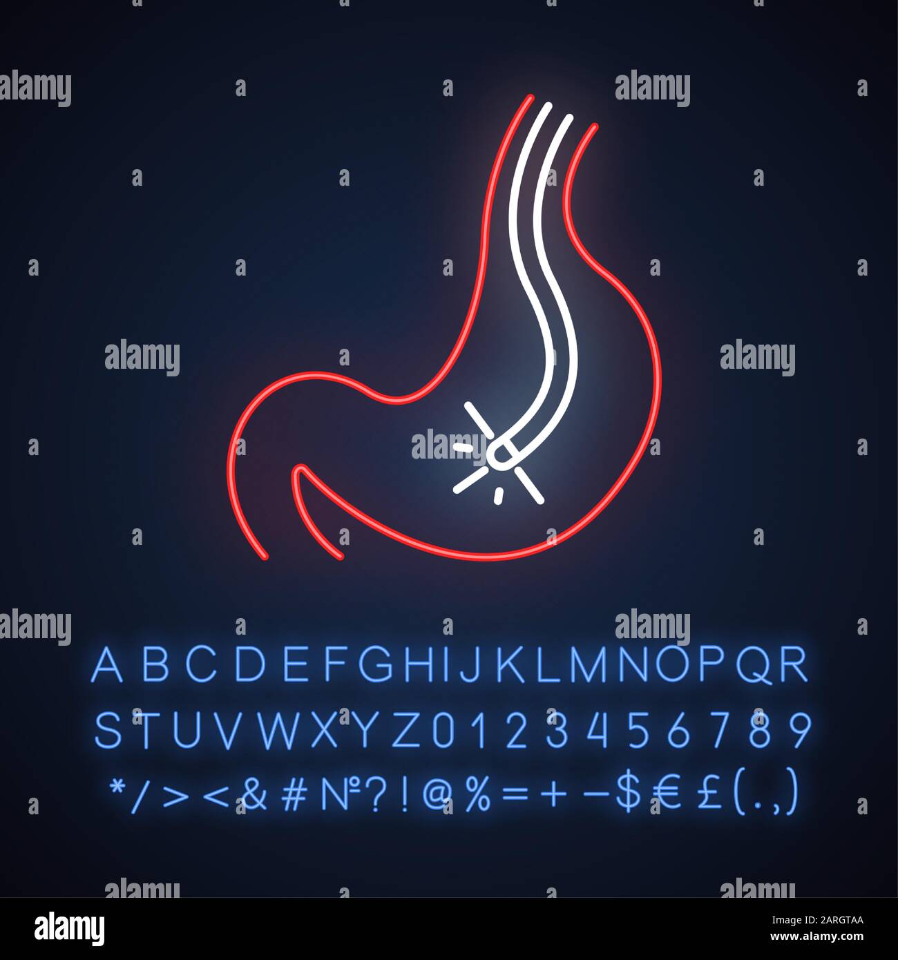 Icona della luce al neon endoscopica. Processo di gastroscopia. Procedura medica. Assistenza Sanitaria. Diagnostica della malattia. Ispezione visiva. Segno incandescente con alfabeto, num Illustrazione Vettoriale